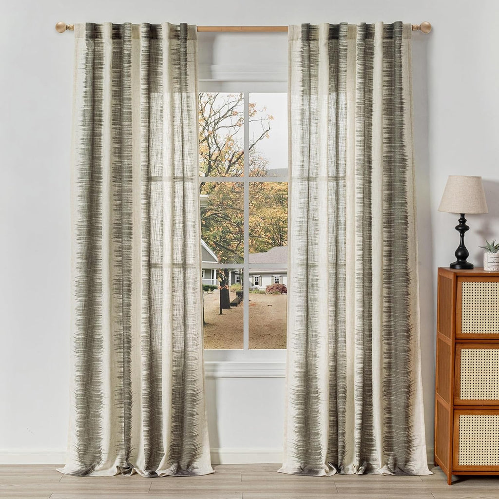 MYSKY HOME Ceiling Curtains for Living Room, Farmhouse Style Lines Printed Curtains 95 Inches Long Semi Sheer Drapes for Living Room, Modern Style Room Divider Curtains, 50"x95", Khaki, 2 PCs