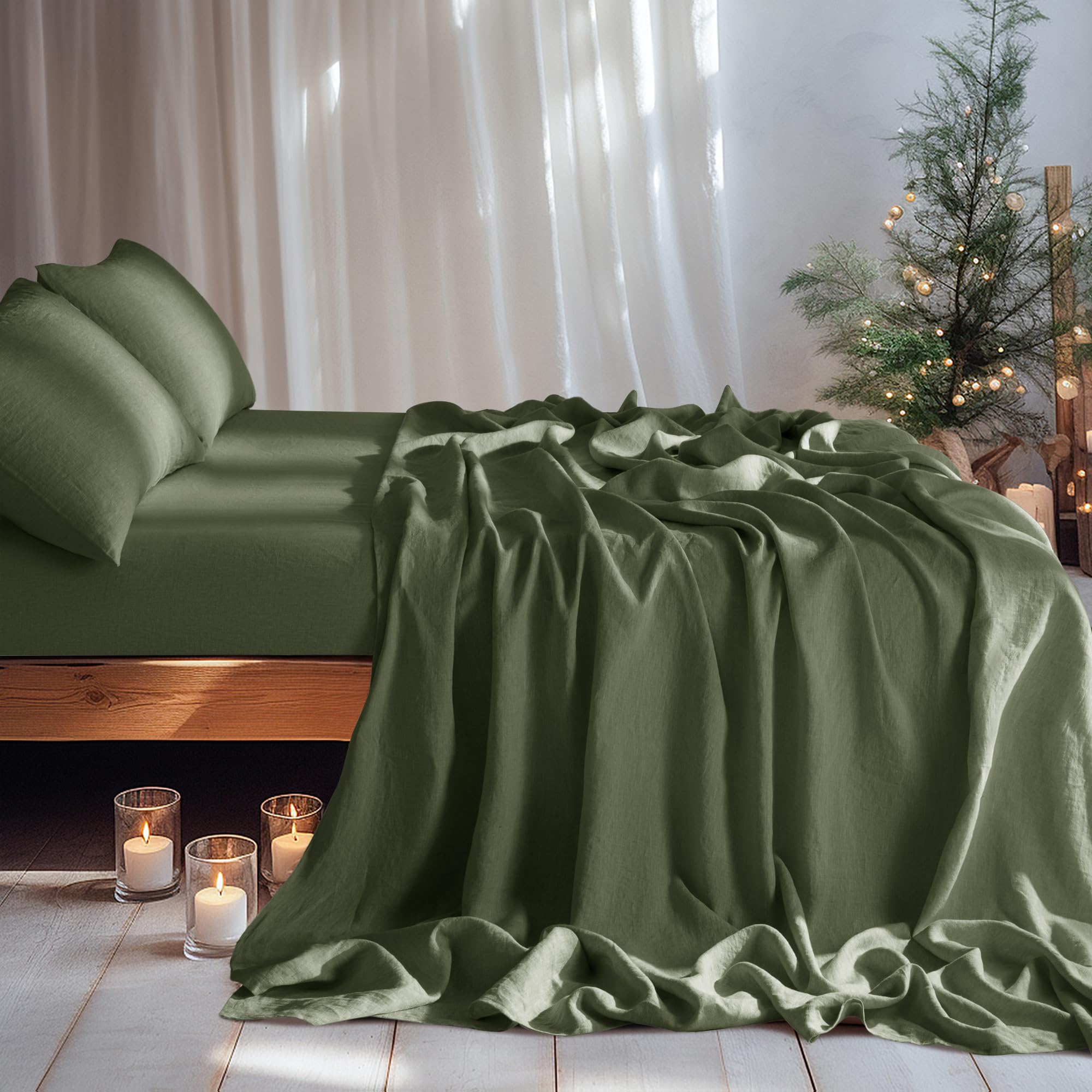 LBRO2M 100% Linen Sheet Set Deep Pocket Fit Up to 19" Bed Sheets Sets, Natural Flax Beddings Soft, Breathable, Comfortable for All Year Round 4 Pcs Sheet Set (Queen, Linen)