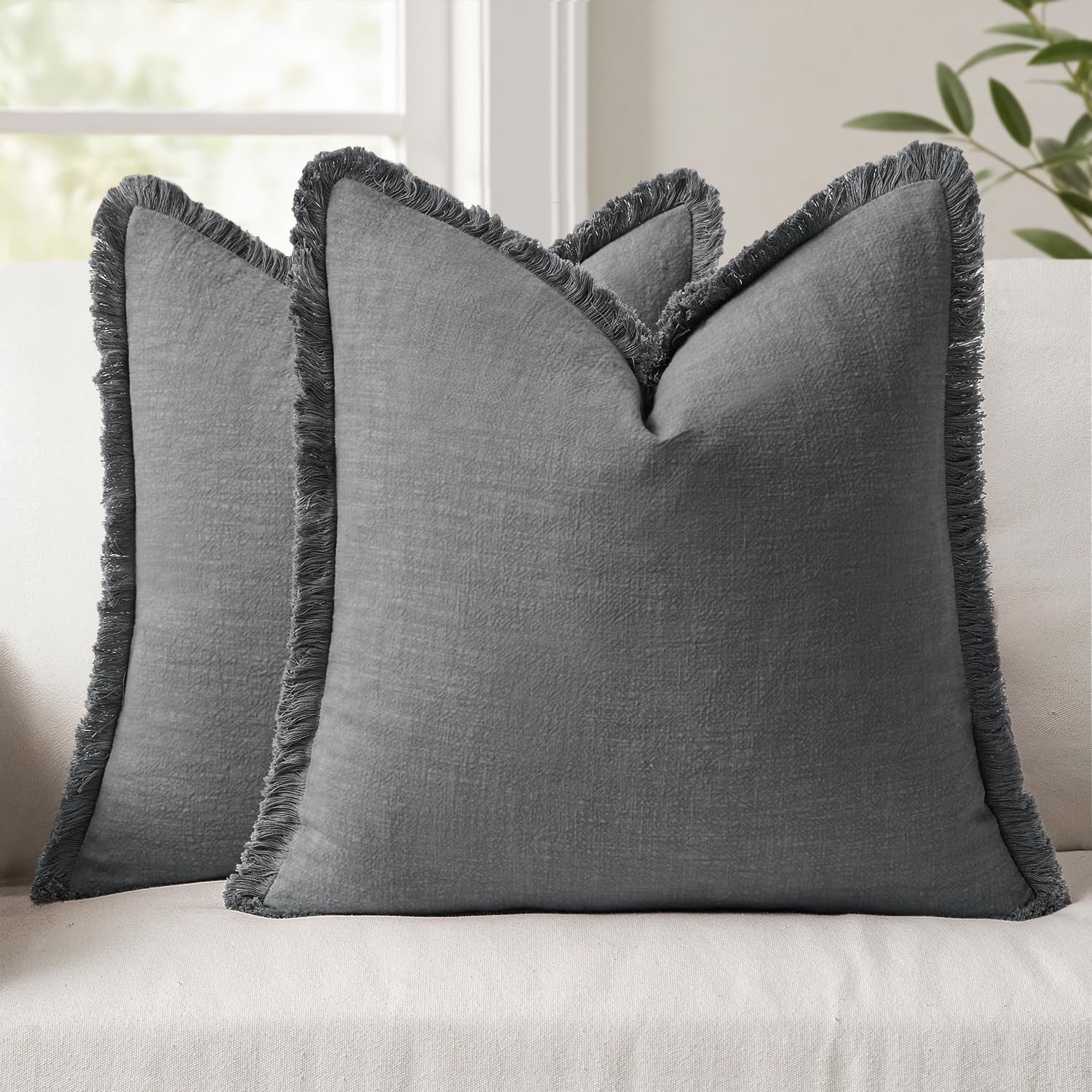 ANRODUO Set of 2 Decorative Throw Pillow Covers 26×26 Inch Soft Linen Fringe Farmhouse Boho Vintage Cushion Covers with Tassels Accent Pillowcase for Couch Sofa Bed Living Room Summer Decor Cream