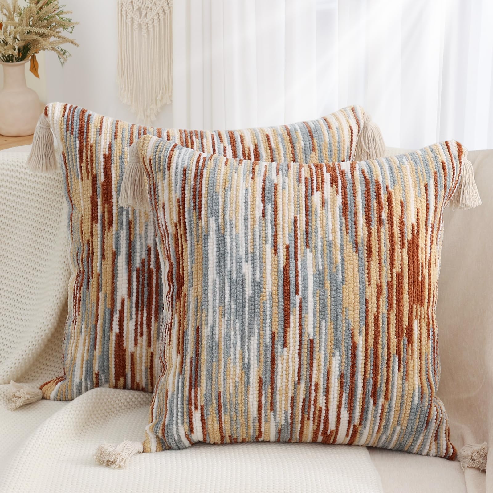 Simmore Fall Boho Decorative Throw Pillow Covers 12x20 Set of 2, Tufted Farmhouse Pillow Covers with Tassels for Cozy Bohemian Couch Sofa Bedroom Home Decor, Rust