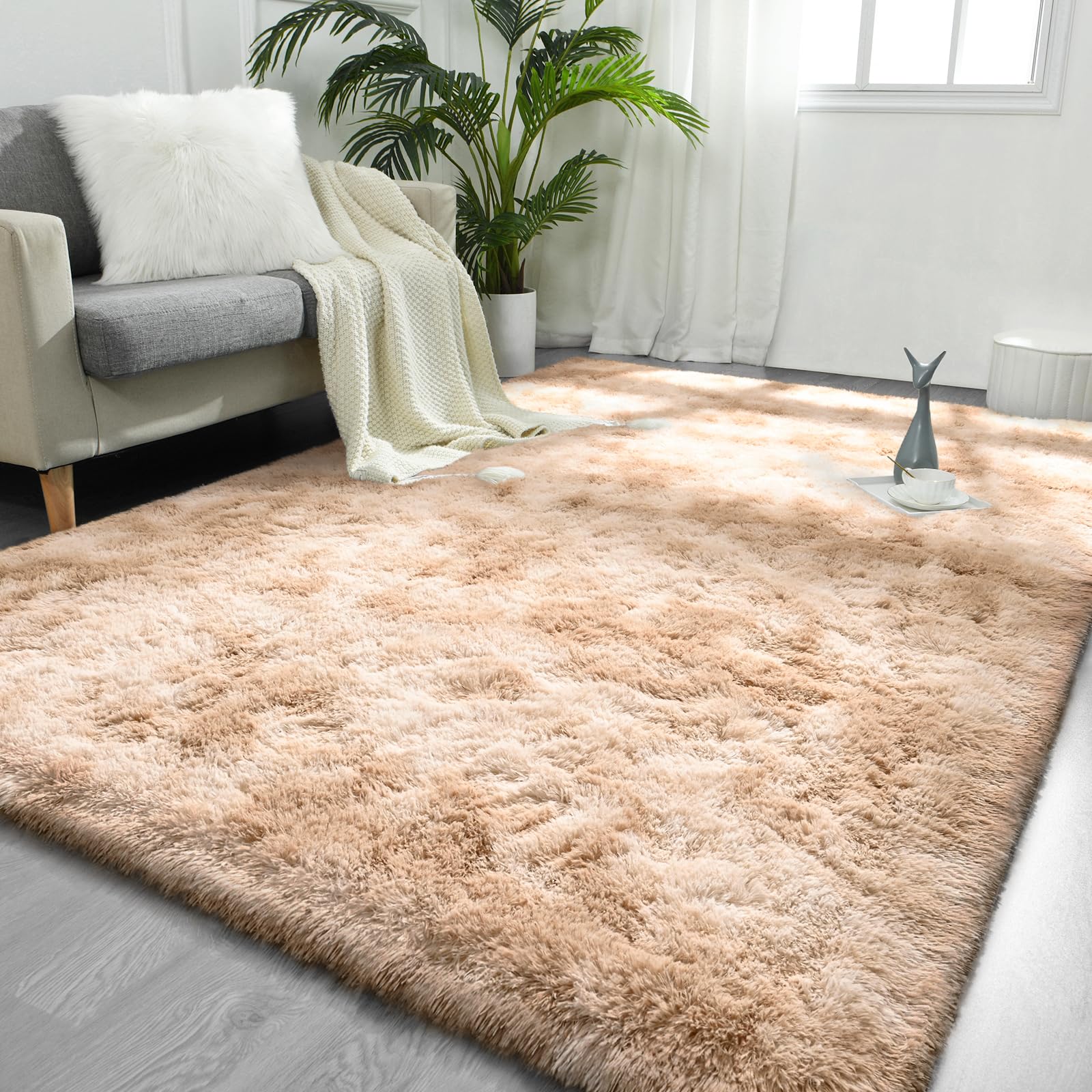 FlyDOIT Large Area Rugs for Living Room, 5x8 Feet Tie-Dyed Light Grey Shaggy Rug Fluffy Throw Carpets, Ultra Soft Plush Modern Indoor Fuzzy Rugs for Bedroom Girls Kids Nursery Room Dorm Home Decor