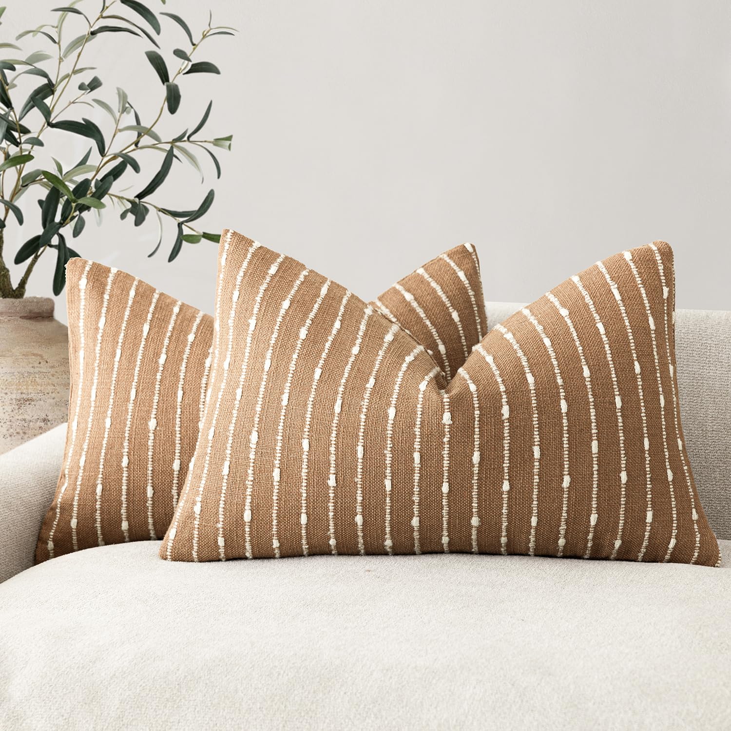 Foindtower Pack of 2 Decorative Jacquard Boucle Throw Pillow Covers Accent Textured Striped Pillowcases Soft Boho Modern Cushion for Couch Sofa Bedroom Living Room Home Decor 22x22 Inch Natural Beige