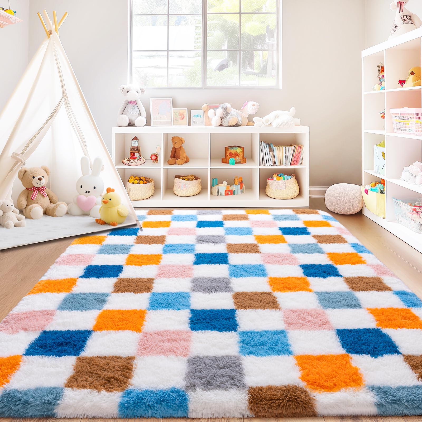 8x10 Area Rugs for Living Room, Large Ultra Fluffy Fuzzy Shag Rug for Bedroom, Modern Plush Soft High Pile Upgrade Non-Slip Carpet for Kids Girls and Boys Room Decor, Tie-Dyed Blue Grey