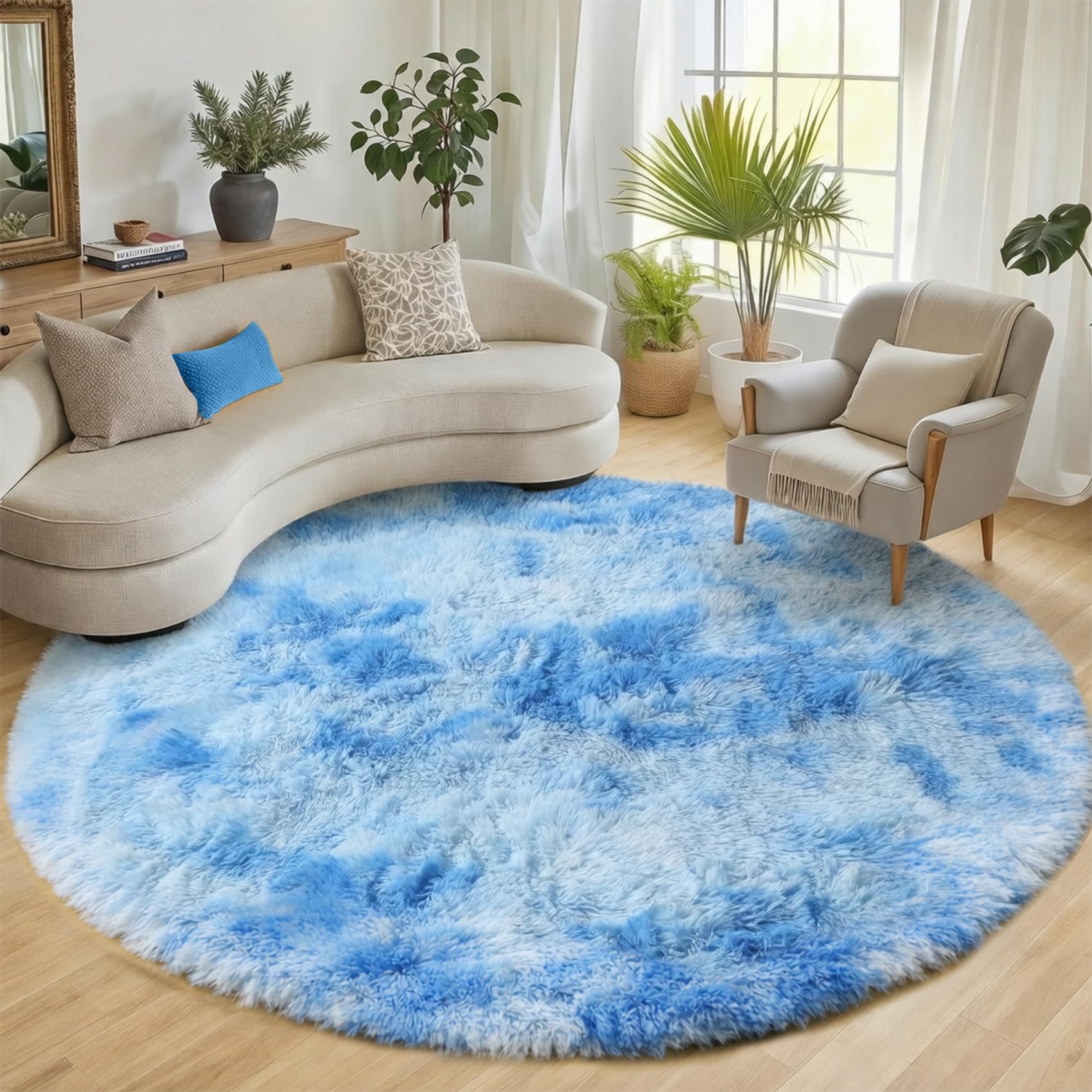 ONASAR Tie-Dyed Dark Grey Round Area Rugs 5ft, Ultra Soft Bedroom Circle Rug for Kids Girls Teen Room, Fluffy Plush Shaggy Carpet Floor Mats for Baby Nursery Living Room Playroom Home Decor