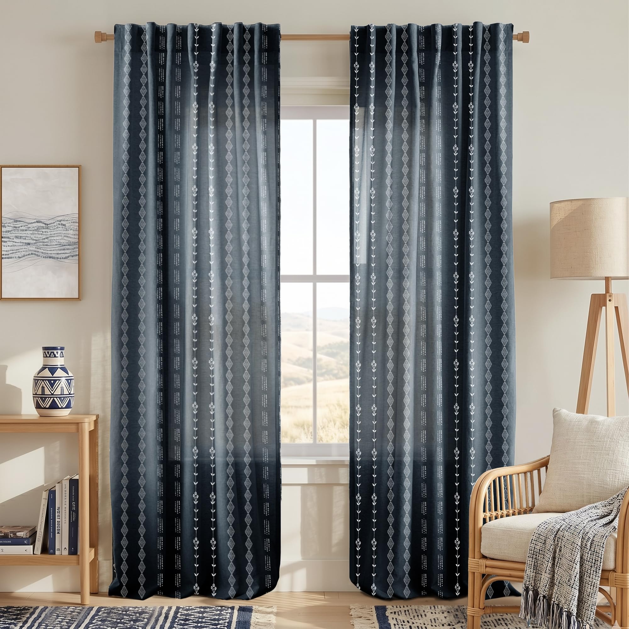 Linen Farmhouse Curtains for Living Room, Neutral Taupe Cream Light Filtering Boho Sheer Floral Patterned Curtains for Dining Room Bedroom 84 Inch Length 2 Panels Set
