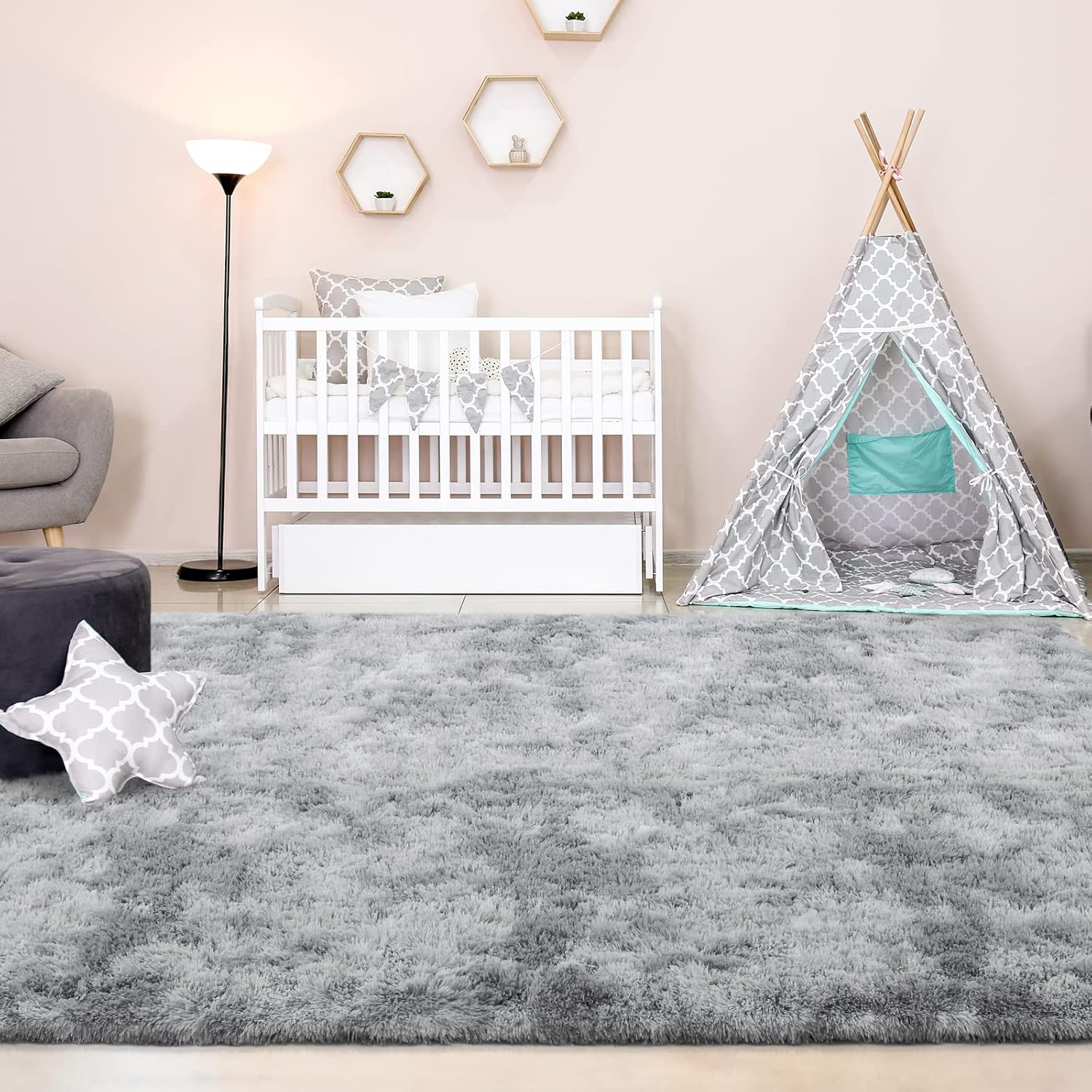 FlyDOIT Large Area Rugs for Living Room, 5x8 Feet Tie-Dyed Light Grey Shaggy Rug Fluffy Throw Carpets, Ultra Soft Plush Modern Indoor Fuzzy Rugs for Bedroom Girls Kids Nursery Room Dorm Home Decor