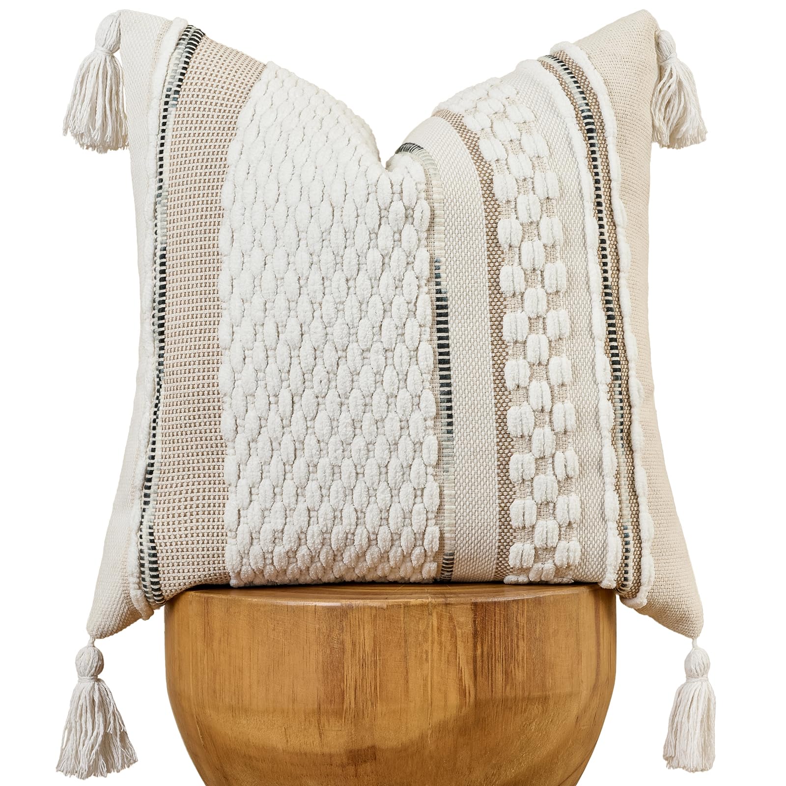 AmHoo Set of 2 Chenille Striped Tufted Textured Boho Throw Pillow Covers Aesthetic with Tassels Woven Decorative Pillow Case for Couch Bed Sofa Bedroom Modern Funky 18 x 18-Inch Brown White