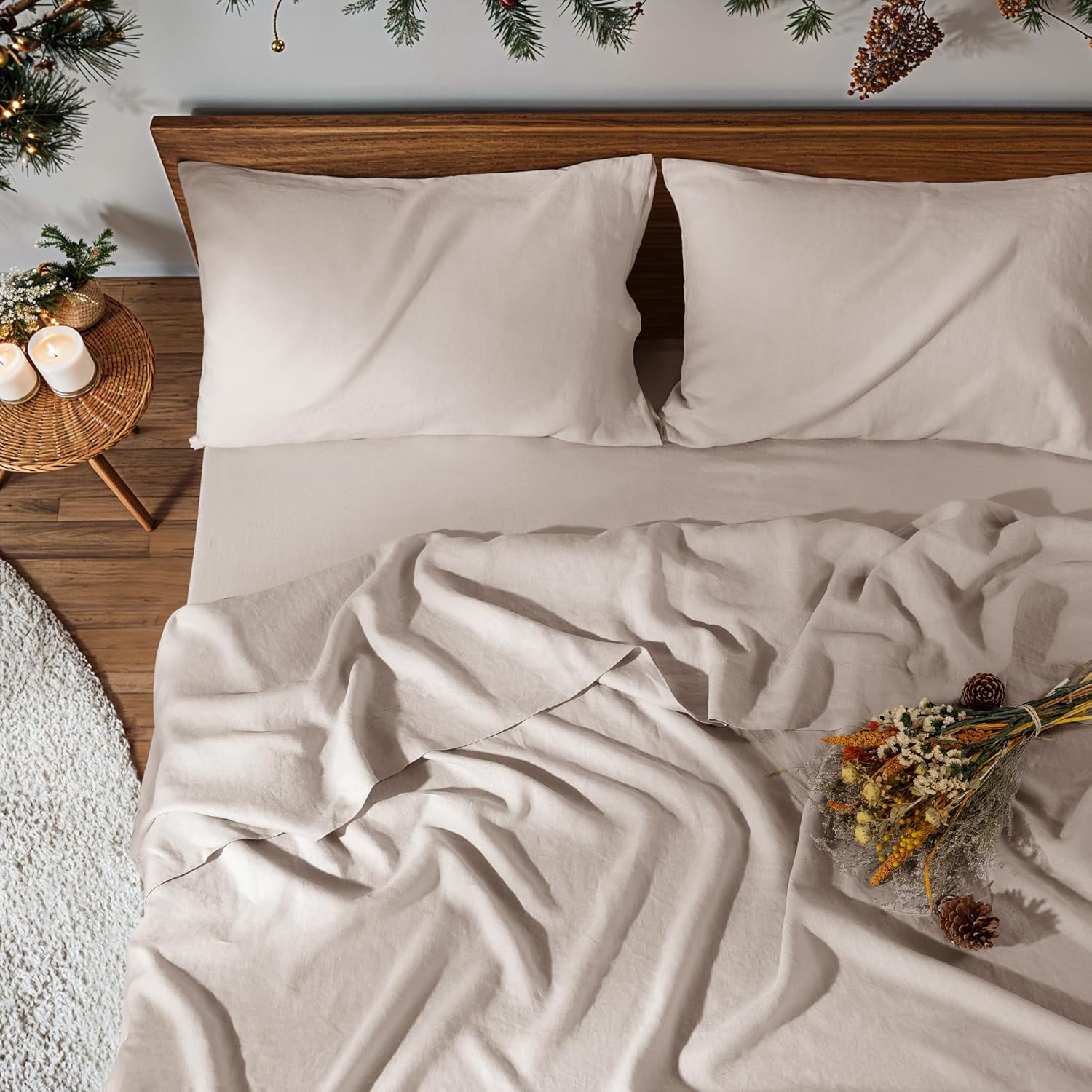 100% Pure Linen Sheet Set for Hot Sleepers, Breathable Natural Linen Sheets 4pcs, Bedding Set Deep Pocket Up to 16" Moisture-Wicking, Softens with Every Wash (Linen Queen)
