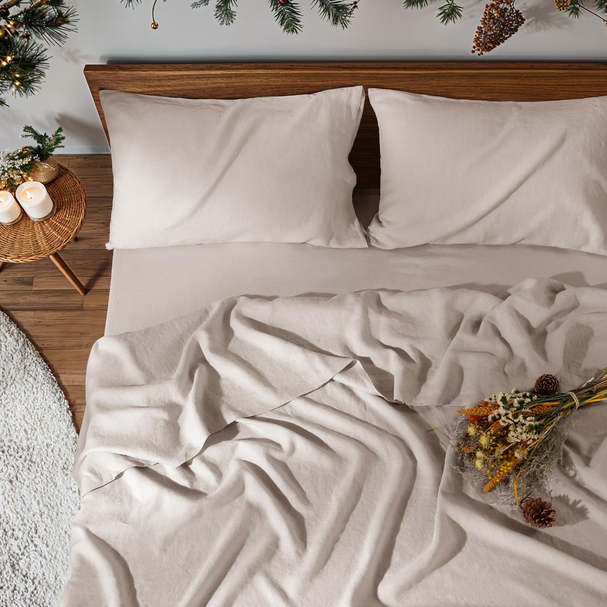100% Pure Linen Sheet Set for Hot Sleepers, Breathable Natural Linen Sheets 4pcs, Bedding Set Deep Pocket Up to 16" Moisture-Wicking, Softens with Every Wash (Linen Queen)