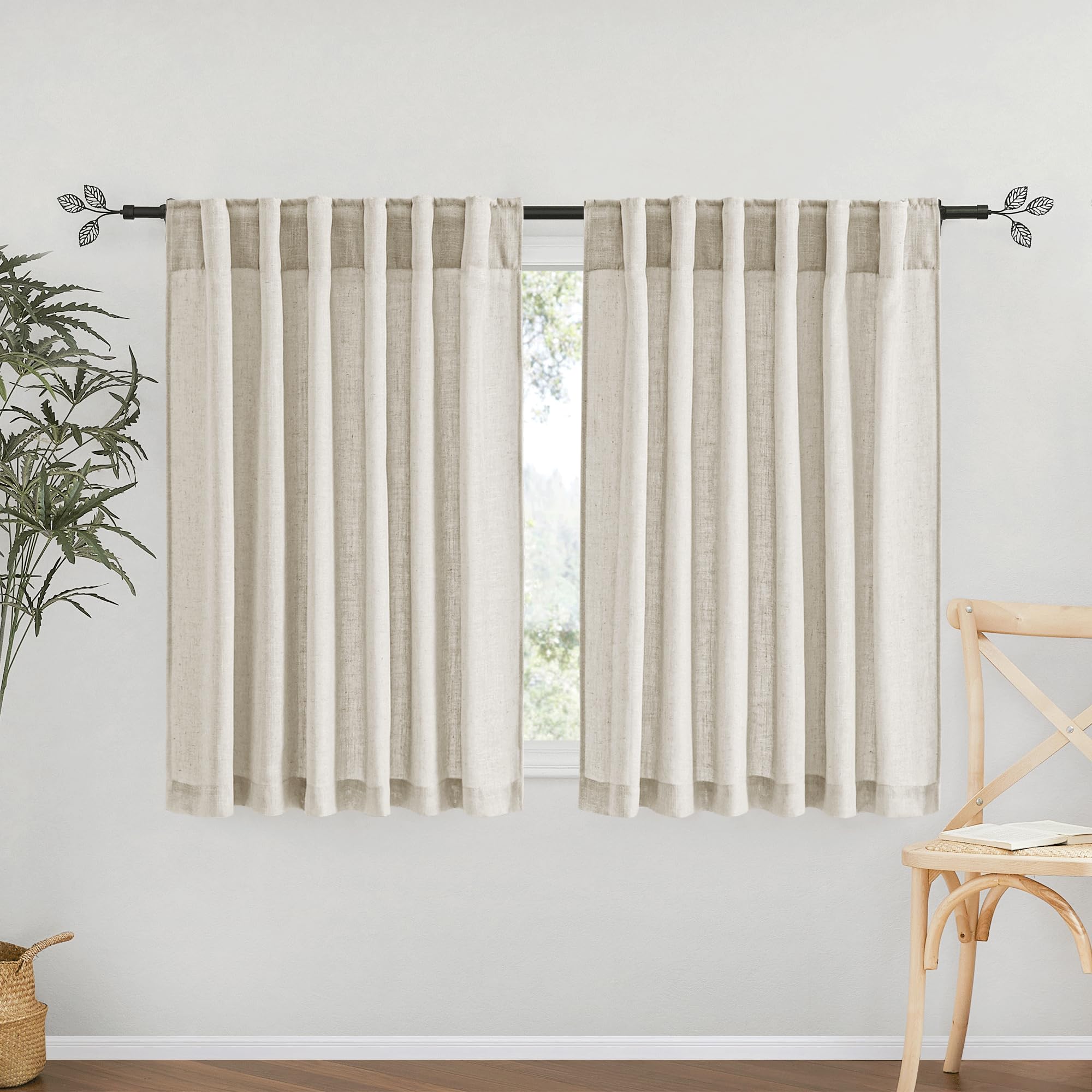 RYB HOME Linen Sheer Curtains and Drapes for Living Room 108 inches Length, Breathable Back Tab/Rod Pocket Semi Sheer Curtains, Oatmeal, W 52 x L 108 inches, 2 Panels Set