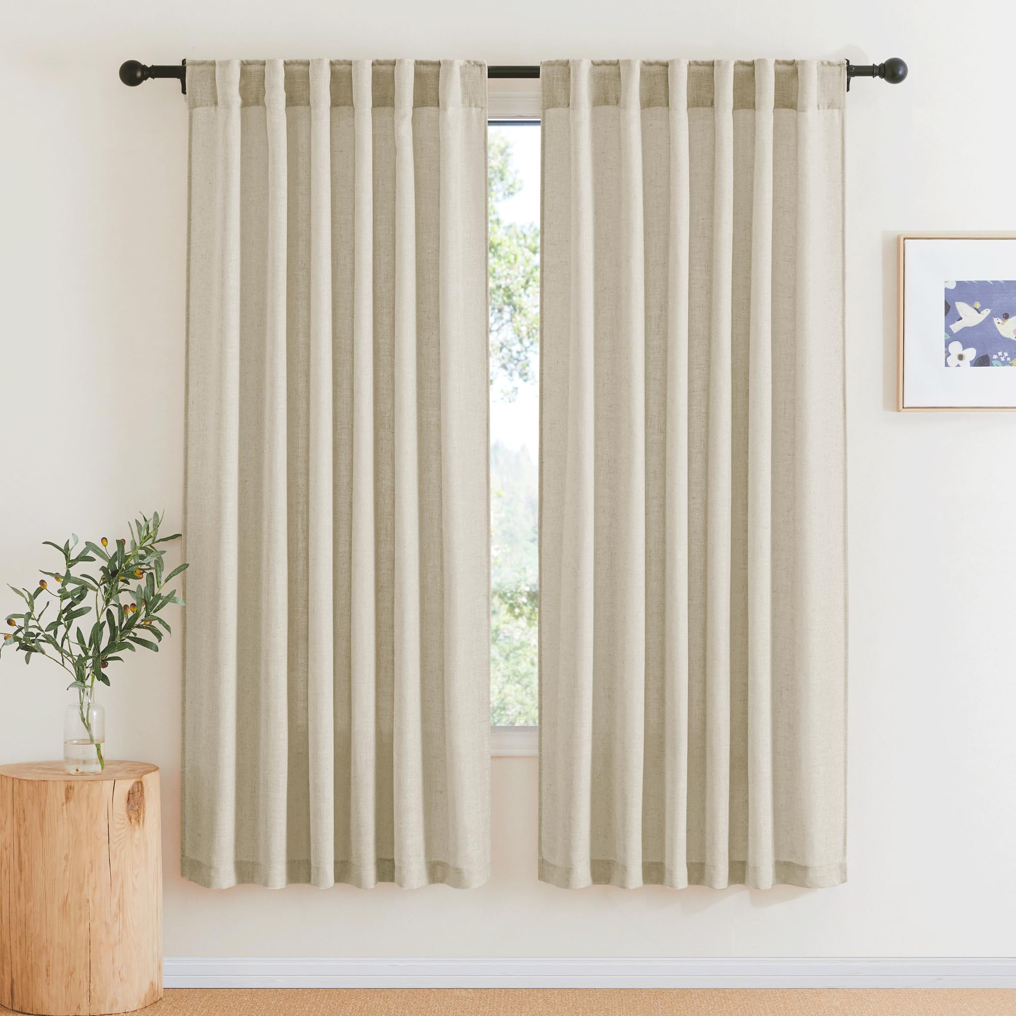 RYB HOME Linen Sheer Curtains and Drapes for Living Room 108 inches Length, Breathable Back Tab/Rod Pocket Semi Sheer Curtains, Oatmeal, W 52 x L 108 inches, 2 Panels Set