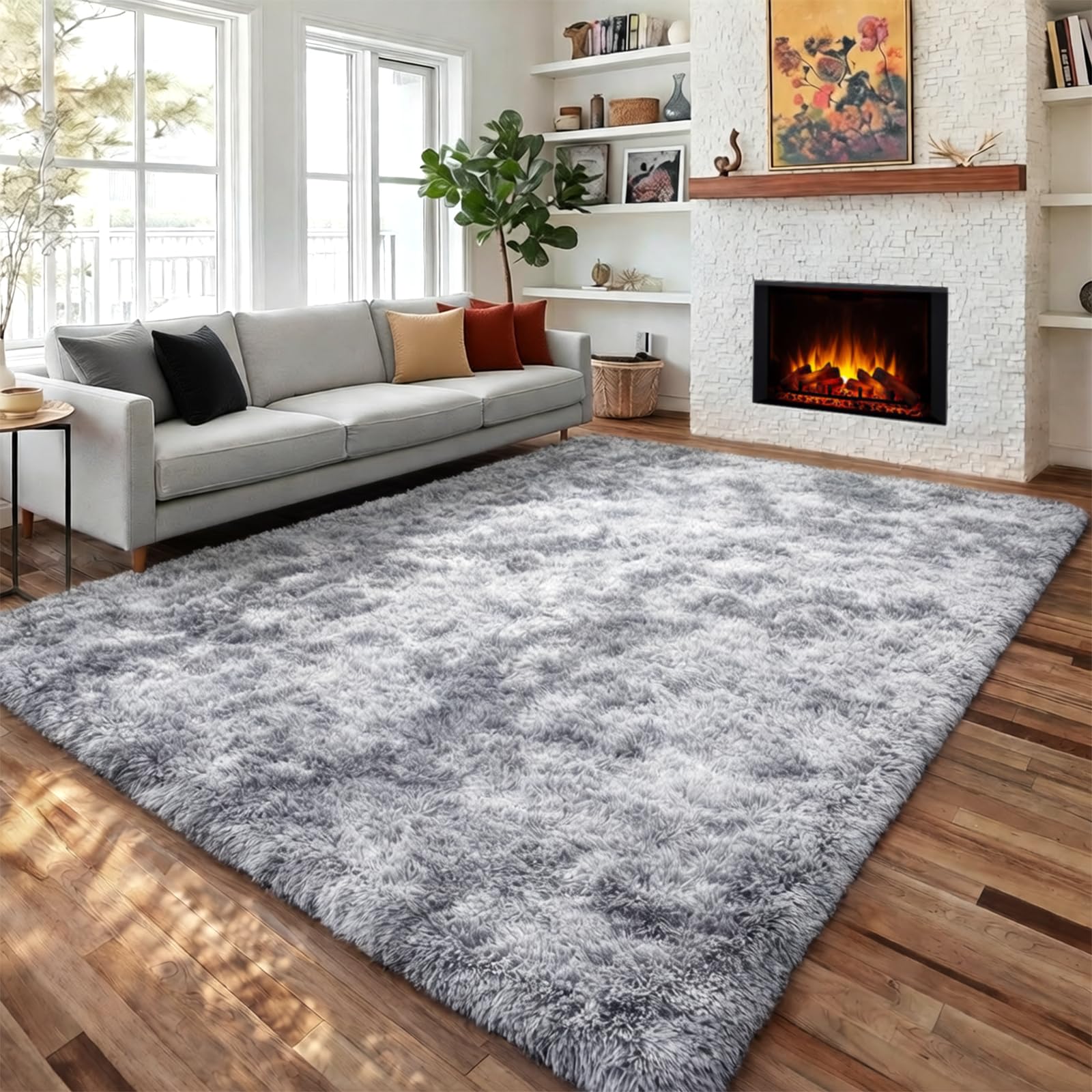 PAGISOFE Abstract Soft Shaggy Rugs for Living Room 5x8 Ft,Tie-Dyed Grey Fluffy Rugs for Kids Room Furry Carpets for Bedroom Room Decor Aesthetic Large Shag Carpet for Boys Girls Dorm Nursery