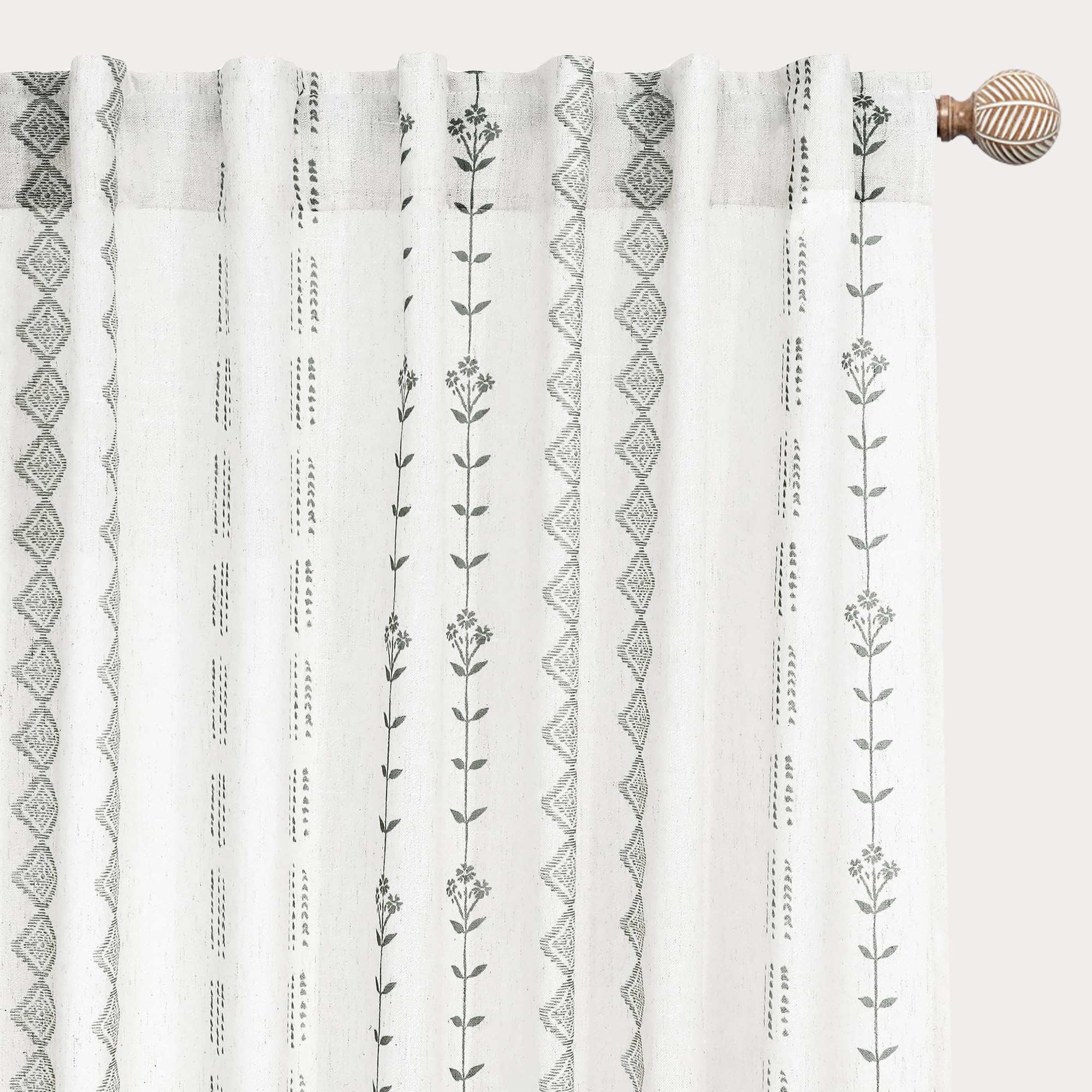 Linen Farmhouse Curtains for Living Room, Neutral Taupe Cream Light Filtering Boho Sheer Floral Patterned Curtains for Dining Room Bedroom 84 Inch Length 2 Panels Set