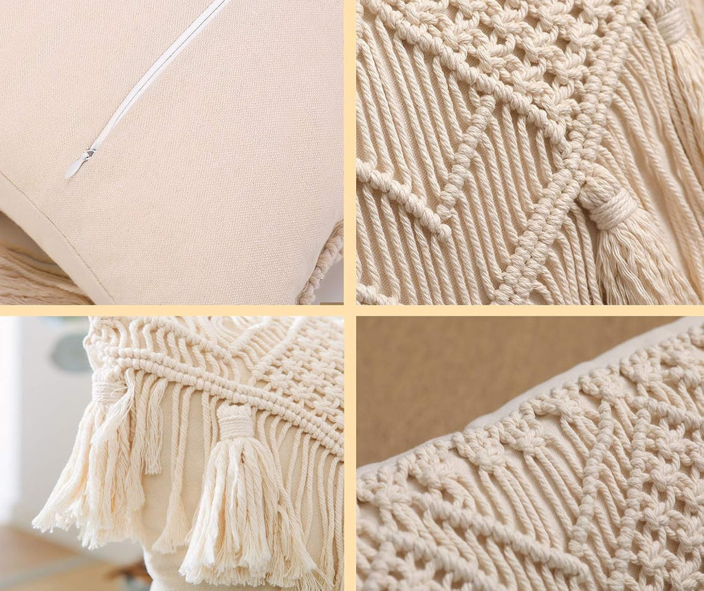 Cushion Covers Macrame Cushion Cover Woven Boho Cushion Cover for Bed Sofa Couch Bench Car Home Decor Comfortable Square with Tassels Set of 2 Decorative Pillow Covers