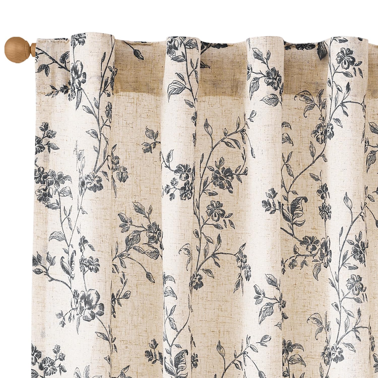 Lazzzy Linen Farmhouse Curtains Green Floral Curtains 63 Inch Length Back Tab Drapes for Living Room Bedroom Light Filtering Country Vintage Rod Pocket Curtain, 2 Panels, Green on Beige