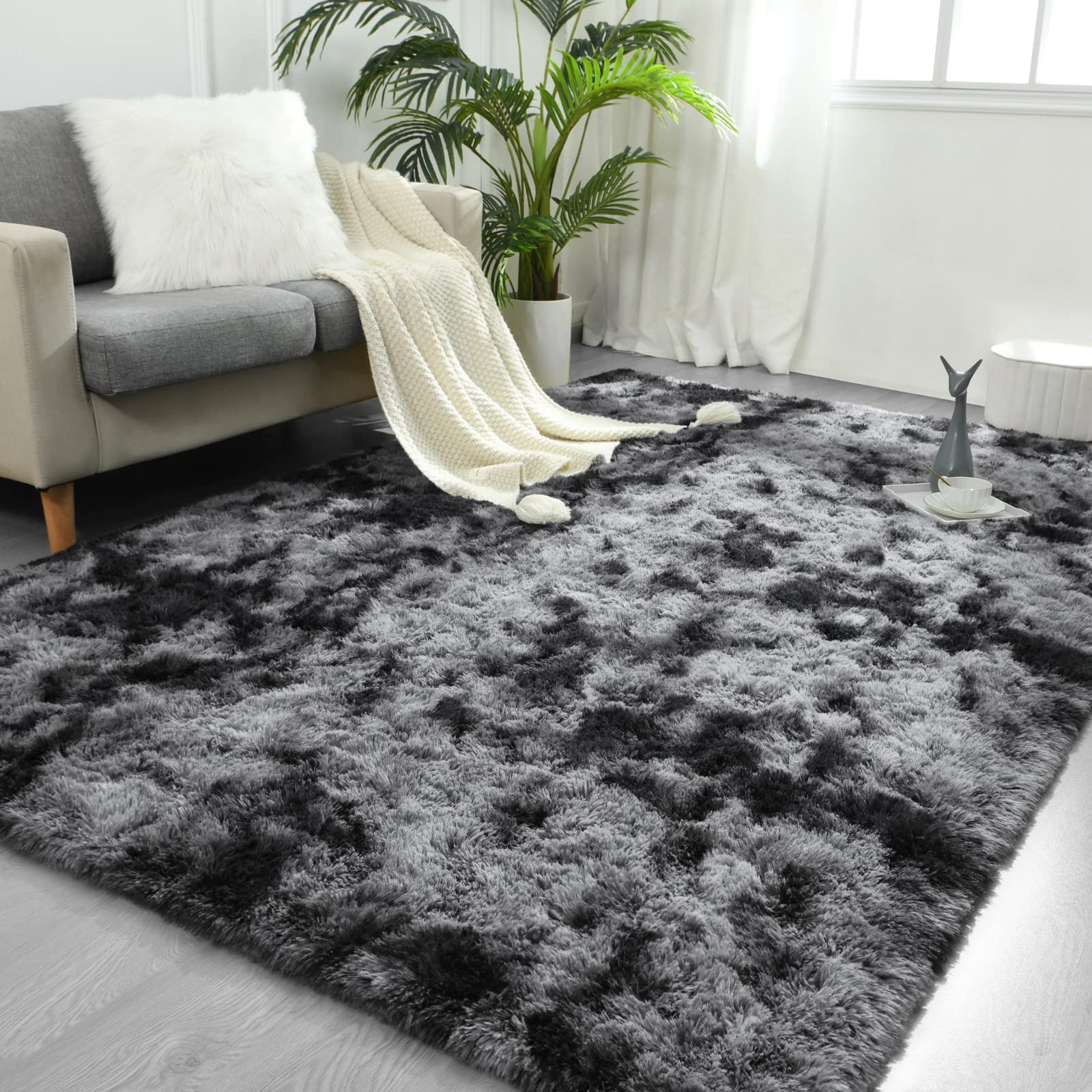 FlyDOIT Large Area Rugs for Living Room, 5x8 Feet Tie-Dyed Light Grey Shaggy Rug Fluffy Throw Carpets, Ultra Soft Plush Modern Indoor Fuzzy Rugs for Bedroom Girls Kids Nursery Room Dorm Home Decor