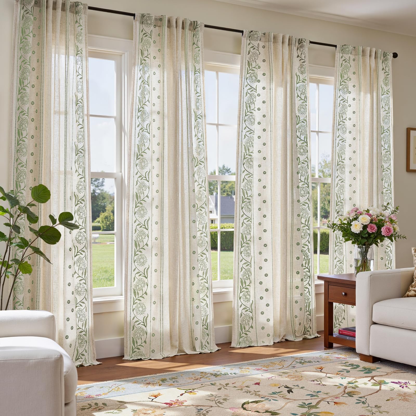 jinchan Winslow Linen Curtains for Bedroom 84 Inches Length Ivory on Taupe Embroidered Bordered Floral Curtains for Living Room Farmhouse Decor Light Filtering Window Treatments 2 Panels