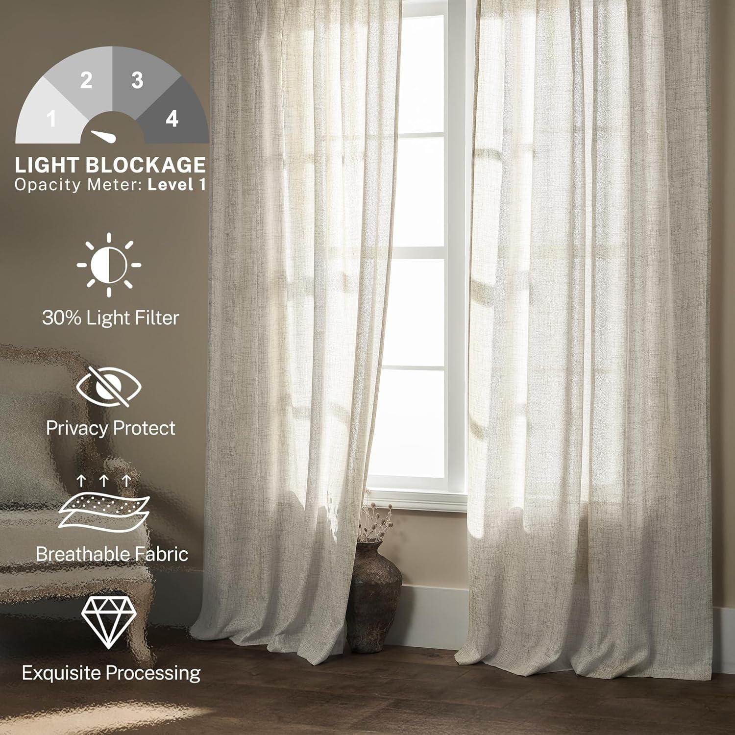 Natural Linen Back Tab Curtains 92 inch Long 2 Panels Set for Living Room Semi Sheer Light Filtering Window Drape Neutral Country Farmhouse Boho Curtains for Bedroom Cream Beige