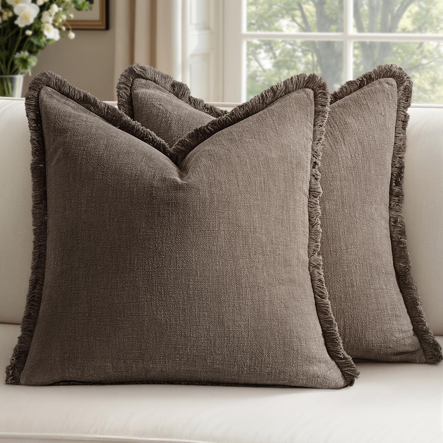 Decorative Linen Fringe Throw Pillow Covers Boho Farmhouse Soft Euro Accent Pillowcases with Tassels for Bed Couch Sofa Living Room Bedroom,24x24 Inch Set of 2,Brown