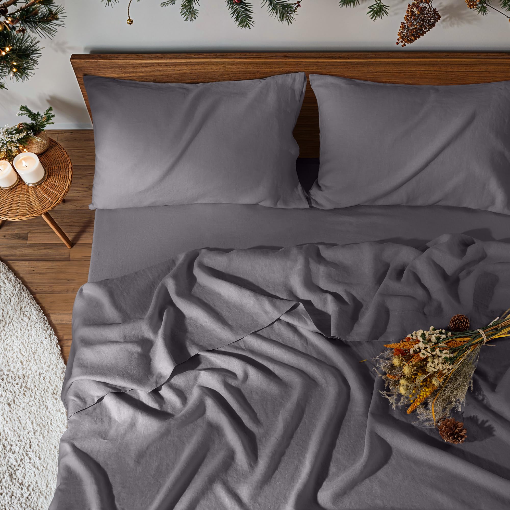 100% Pure Linen Sheet Set for Hot Sleepers, Breathable Natural Linen Sheets 4pcs, Bedding Set Deep Pocket Up to 16" Moisture-Wicking, Softens with Every Wash (Linen Queen)