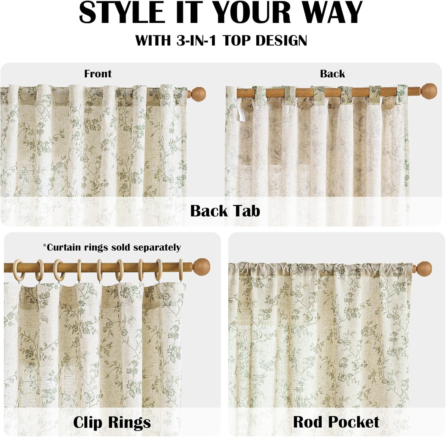 Lazzzy Linen Farmhouse Curtains Green Floral Curtains 63 Inch Length Back Tab Drapes for Living Room Bedroom Light Filtering Country Vintage Rod Pocket Curtain, 2 Panels, Green on Beige
