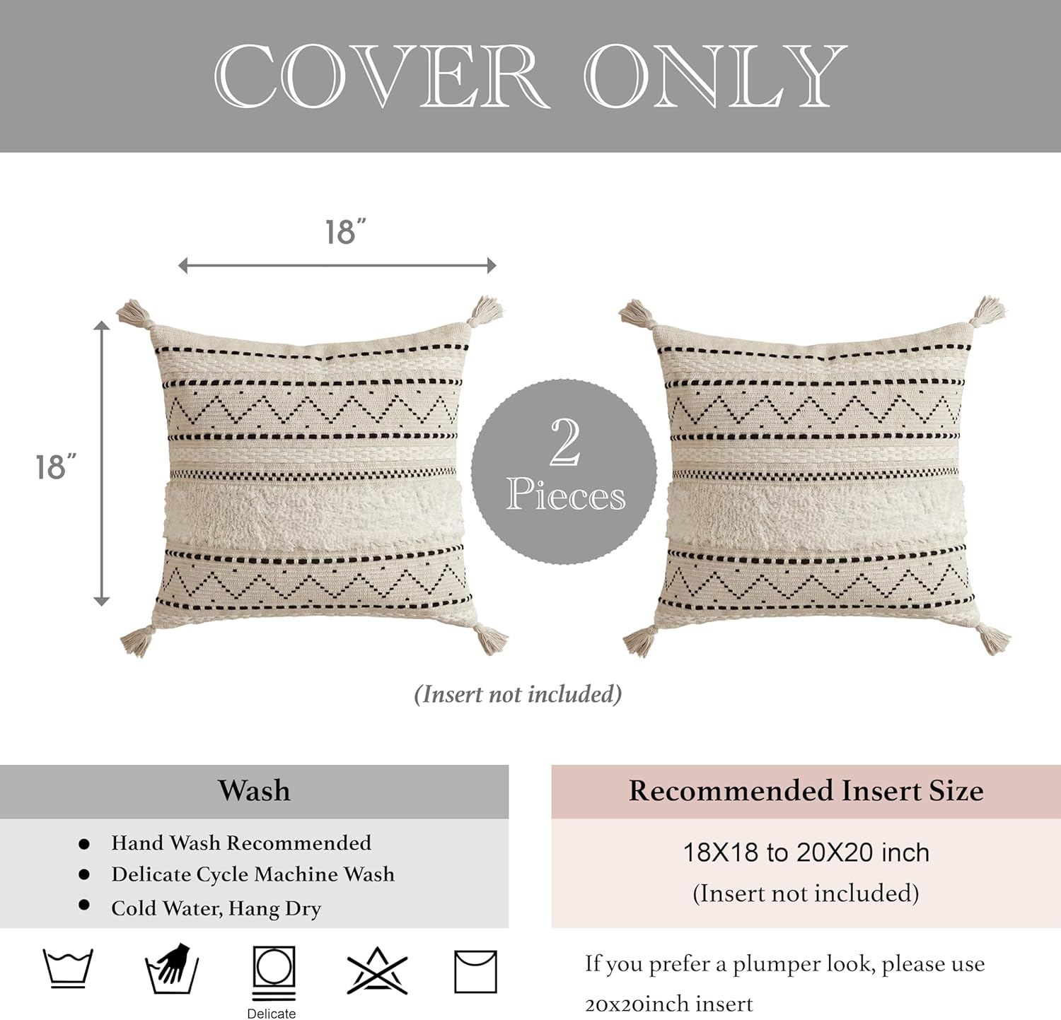 BlissBlush Decorative Throw Pillow Covers 18x18 Combo Set of 2 Square Boho Black Neutral Accent Pillowcase Tassels Farmhouse Cushion for Couch Sofa Bedroom Living Room Home Décor Cover ONLY
