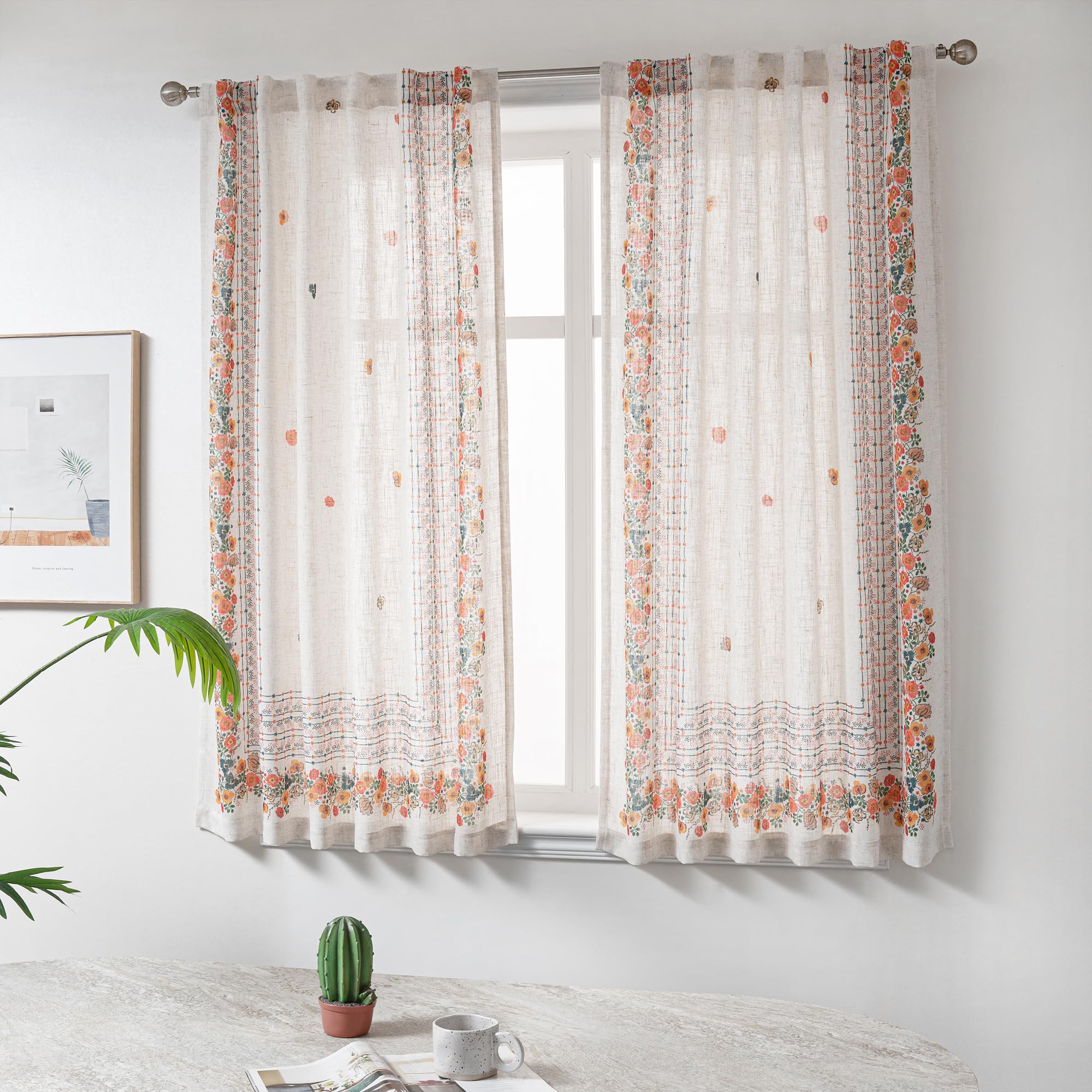 MYSKY HOME Ceiling Curtains for Living Room, Farmhouse Style Lines Printed Curtains 95 Inches Long Semi Sheer Drapes for Living Room, Modern Style Room Divider Curtains, 50"x95", Khaki, 2 PCs