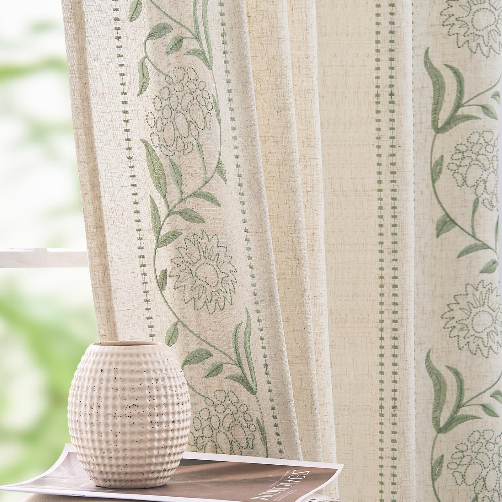 jinchan Winslow Linen Curtains for Bedroom 84 Inches Length Ivory on Taupe Embroidered Bordered Floral Curtains for Living Room Farmhouse Decor Light Filtering Window Treatments 2 Panels