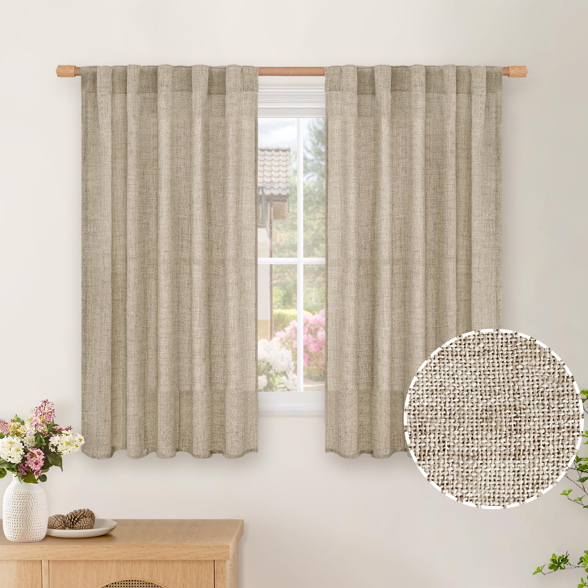 BGment Natural Linen Semi Sheer Curtains 96 Inch Length 2 Panels for Living Room, Beige Light Filtering Window Drapes with Rod Pocket Back Tab Extre Long for Dining Bedroom, 52 X 96 Inch