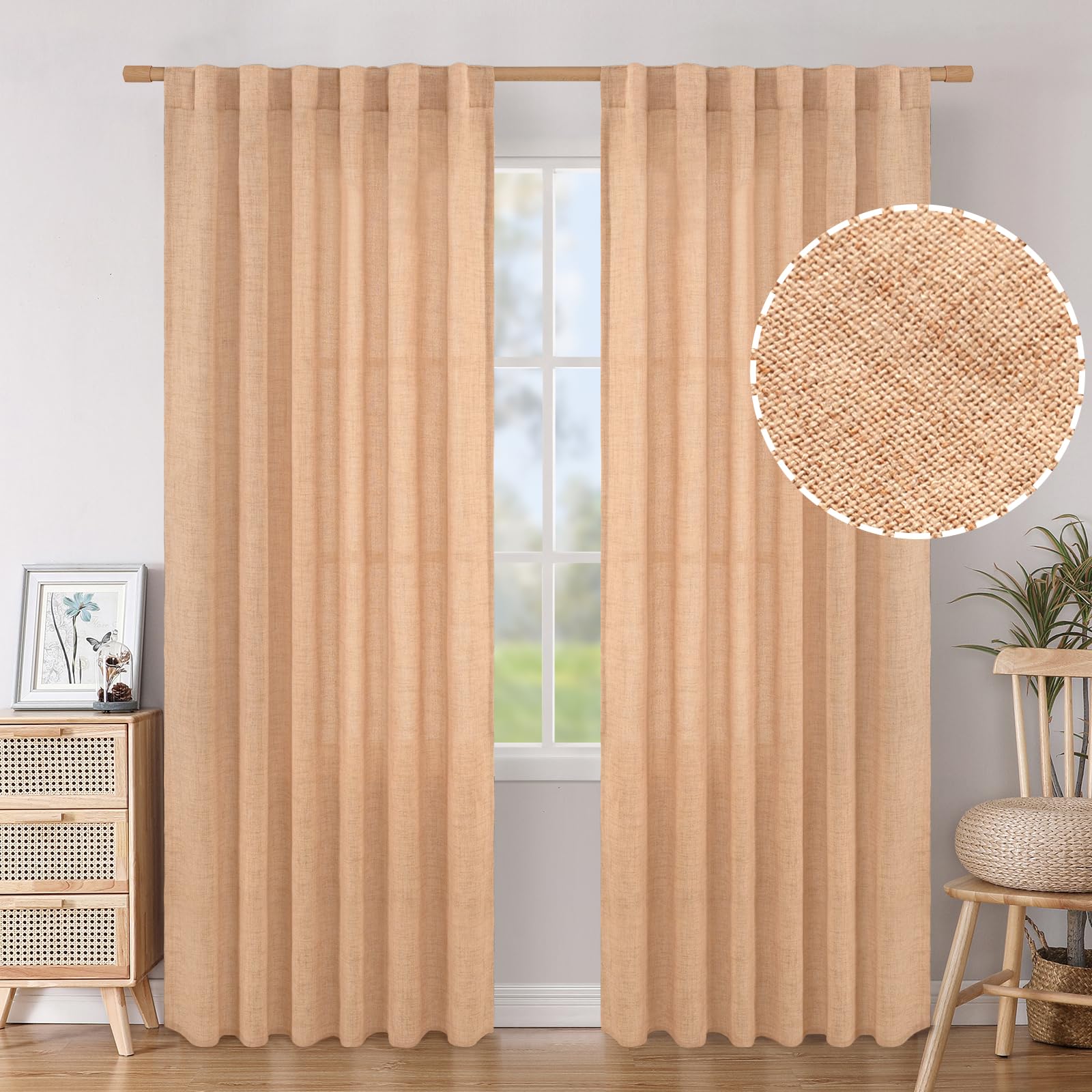BGment Natural Linen Semi Sheer Curtains 96 Inch Length 2 Panels for Living Room, Beige Light Filtering Window Drapes with Rod Pocket Back Tab Extre Long for Dining Bedroom, 52 X 96 Inch