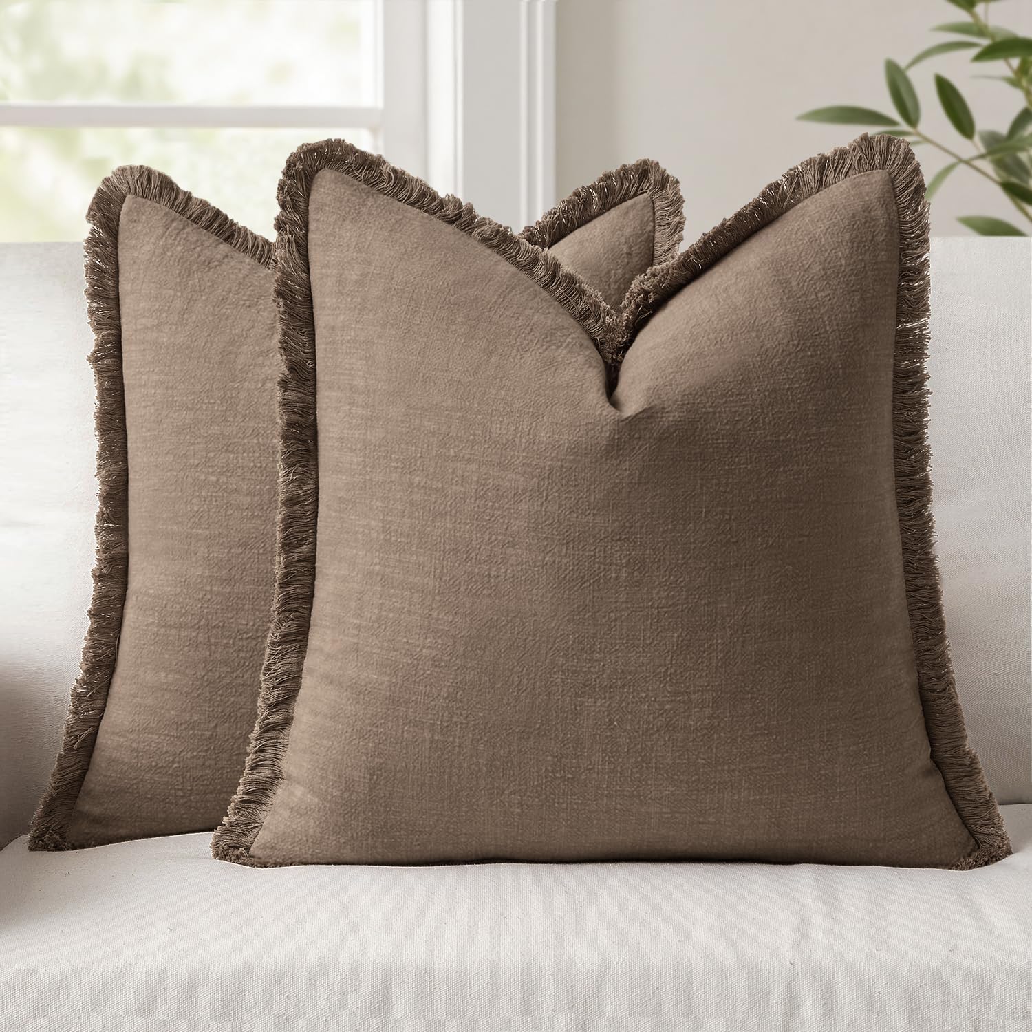 ANRODUO Set of 2 Decorative Throw Pillow Covers 26×26 Inch Soft Linen Fringe Farmhouse Boho Vintage Cushion Covers with Tassels Accent Pillowcase for Couch Sofa Bed Living Room Summer Decor Cream