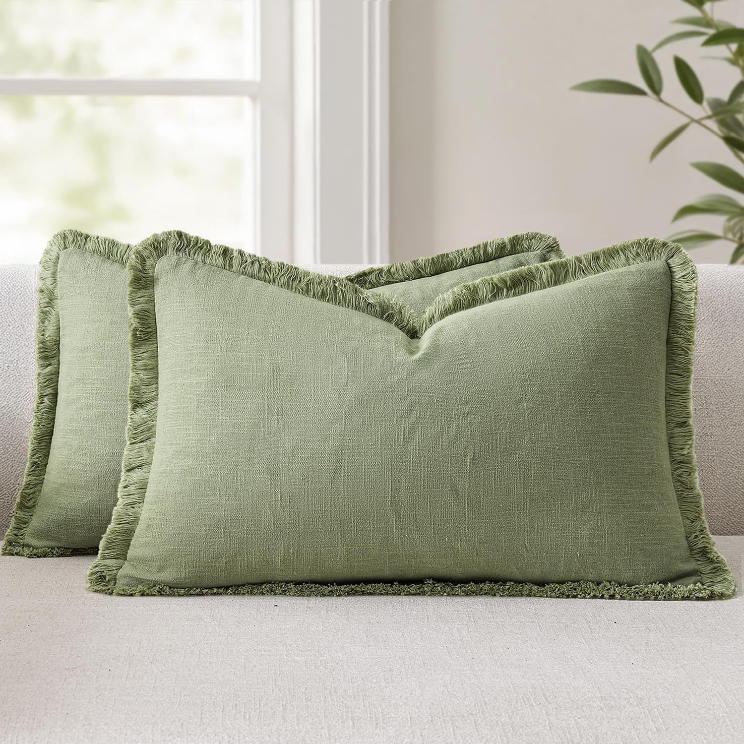 ANRODUO Set of 2 Decorative Throw Pillow Covers 26×26 Inch Soft Linen Fringe Farmhouse Boho Vintage Cushion Covers with Tassels Accent Pillowcase for Couch Sofa Bed Living Room Summer Decor Cream