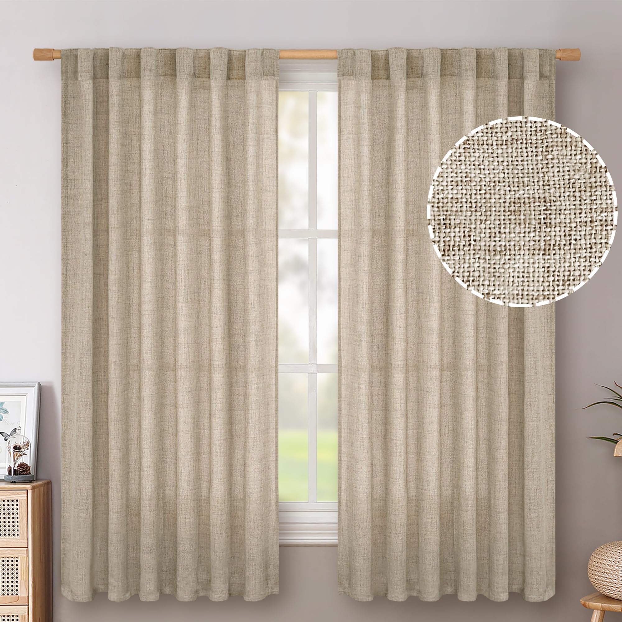 BGment Natural Linen Semi Sheer Curtains 96 Inch Length 2 Panels for Living Room, Beige Light Filtering Window Drapes with Rod Pocket Back Tab Extre Long for Dining Bedroom, 52 X 96 Inch