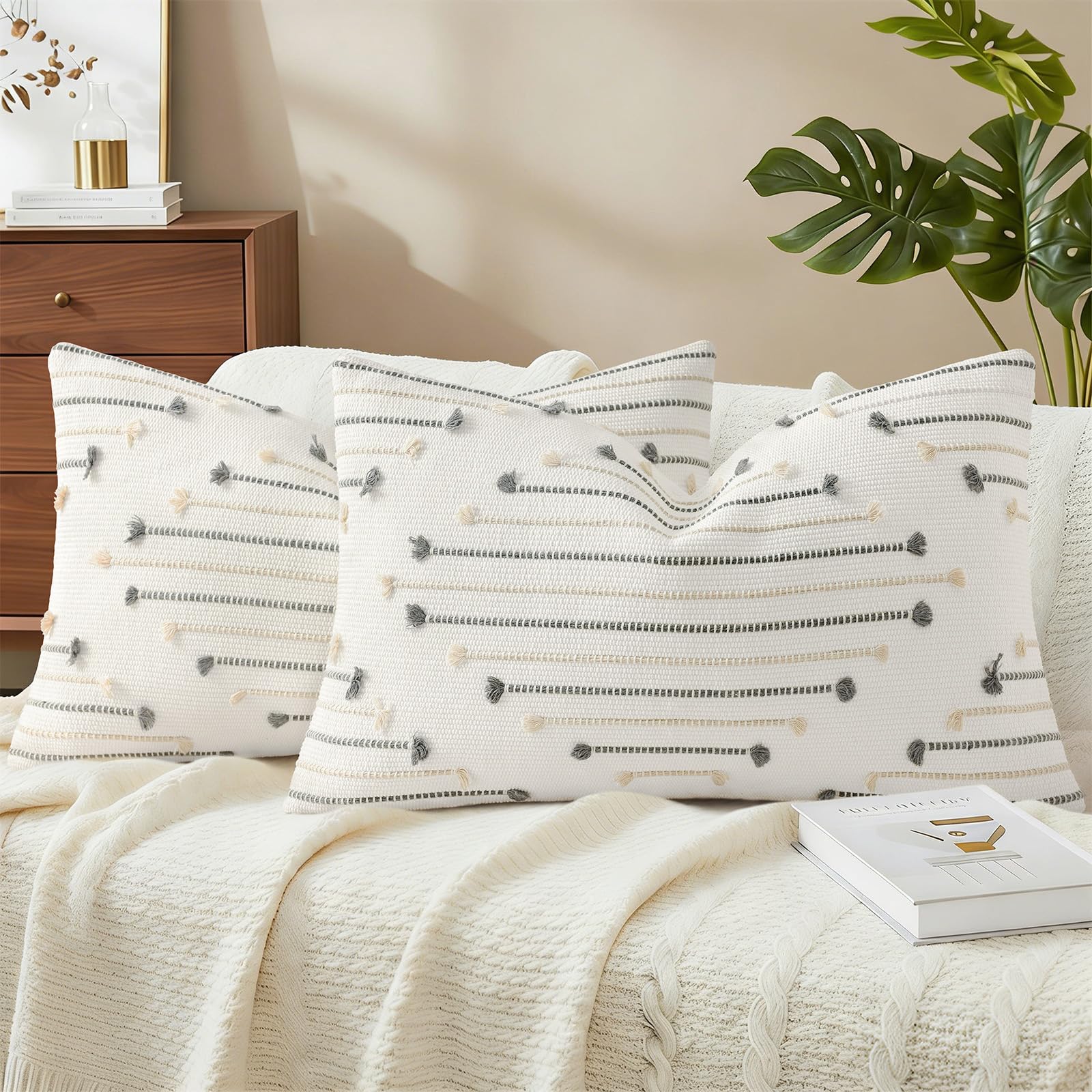 Mecatny Boho Summer Outdoor Throw Pillow Covers 18X18 Set of 2, Farmhouse Decorative Pillow Covers for Couch Sofa Living Room, Navy & Cream White