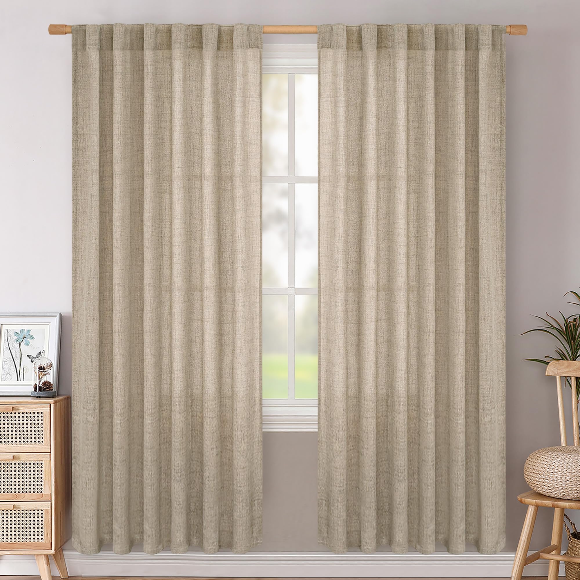 BGment Natural Linen Semi Sheer Curtains 96 Inch Length 2 Panels for Living Room, Beige Light Filtering Window Drapes with Rod Pocket Back Tab Extre Long for Dining Bedroom, 52 X 96 Inch