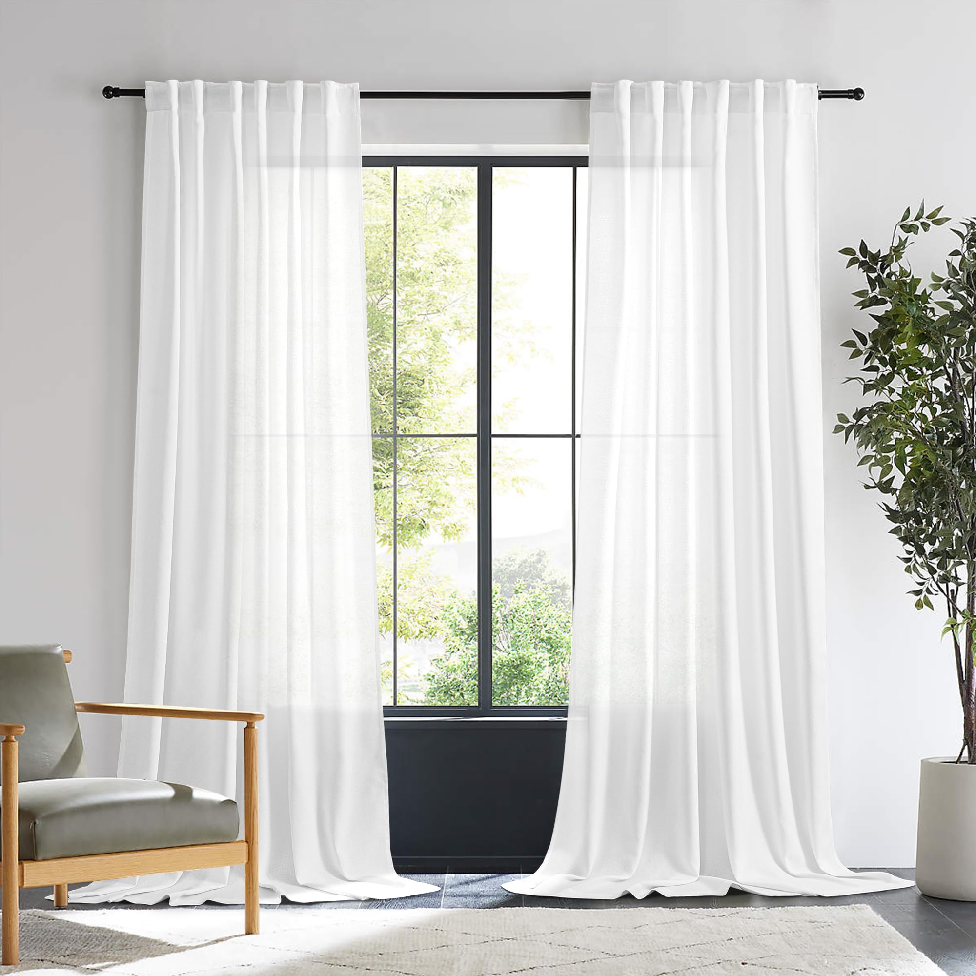 Natural Linen Back Tab Curtains 92 inch Long 2 Panels Set for Living Room Semi Sheer Light Filtering Window Drape Neutral Country Farmhouse Boho Curtains for Bedroom Cream Beige