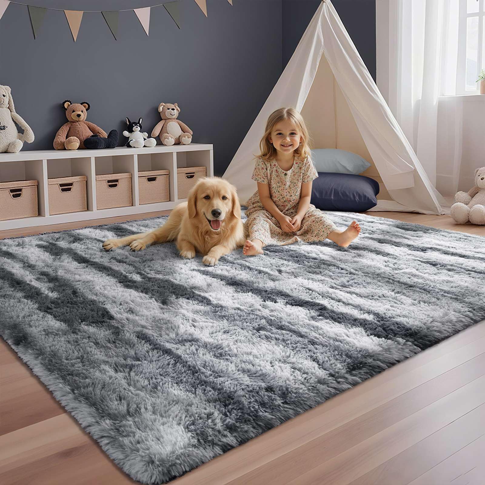 5×7ft Grey Fluffy Tie-Dyed Rug, Soft Shag Carpet for Home Decor