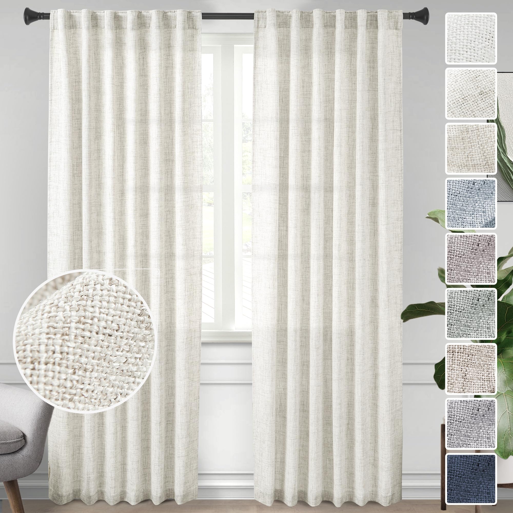 Natural Linen Back Tab Curtains 92 inch Long 2 Panels Set for Living Room Semi Sheer Light Filtering Window Drape Neutral Country Farmhouse Boho Curtains for Bedroom Cream Beige