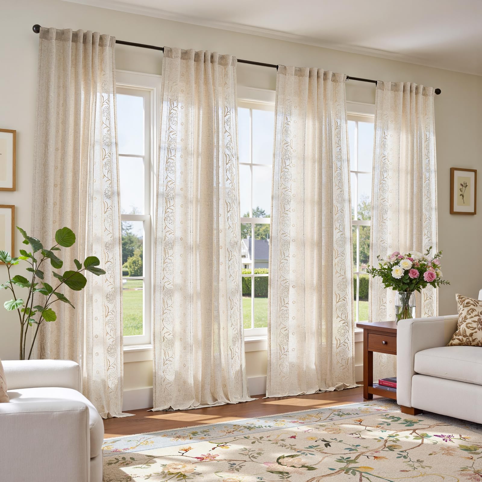 jinchan Winslow Linen Curtains for Bedroom 84 Inches Length Ivory on Taupe Embroidered Bordered Floral Curtains for Living Room Farmhouse Decor Light Filtering Window Treatments 2 Panels