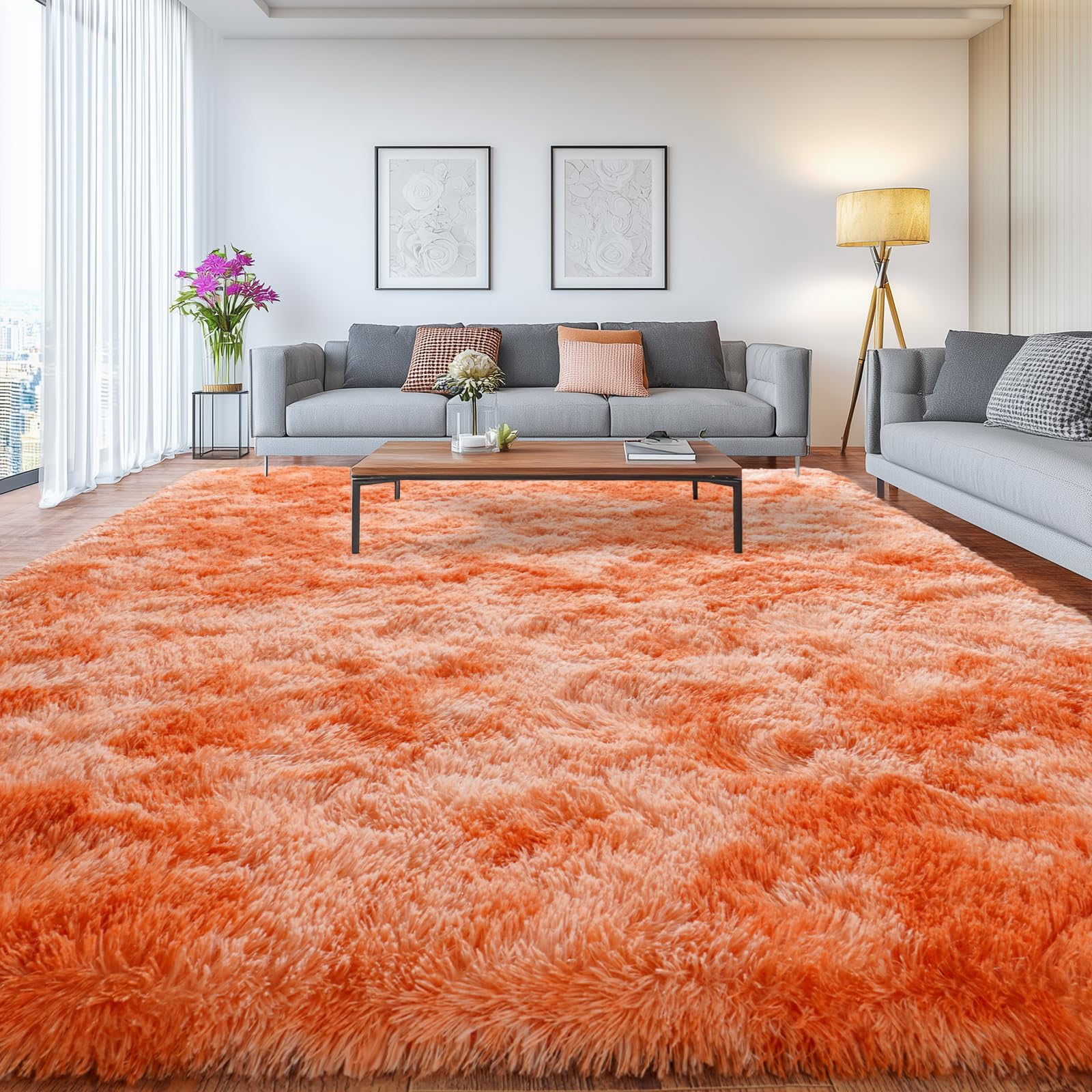 Shaggy Area Rugs, Fuzzy Rugs for Living Room, Soft Nursery Area Rug for Girls, Tie Dye Black Gray Plush Area Rugs Non Slip, Fluffy Rug Carpet 8x10ft