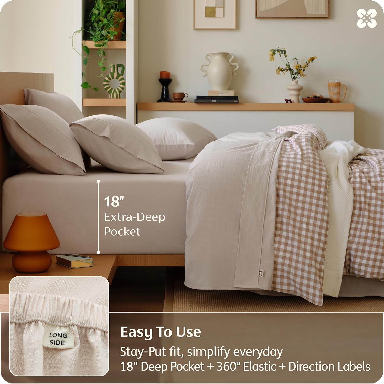 Bedsure 100% Washed Cotton Percale Sheets Queen Size - Linen Like Textured 6-Piece Bedsheet Set with 18" Deep Pocket, Breathable & PureWoven Soft Comfy (Linen Beige, Queen)