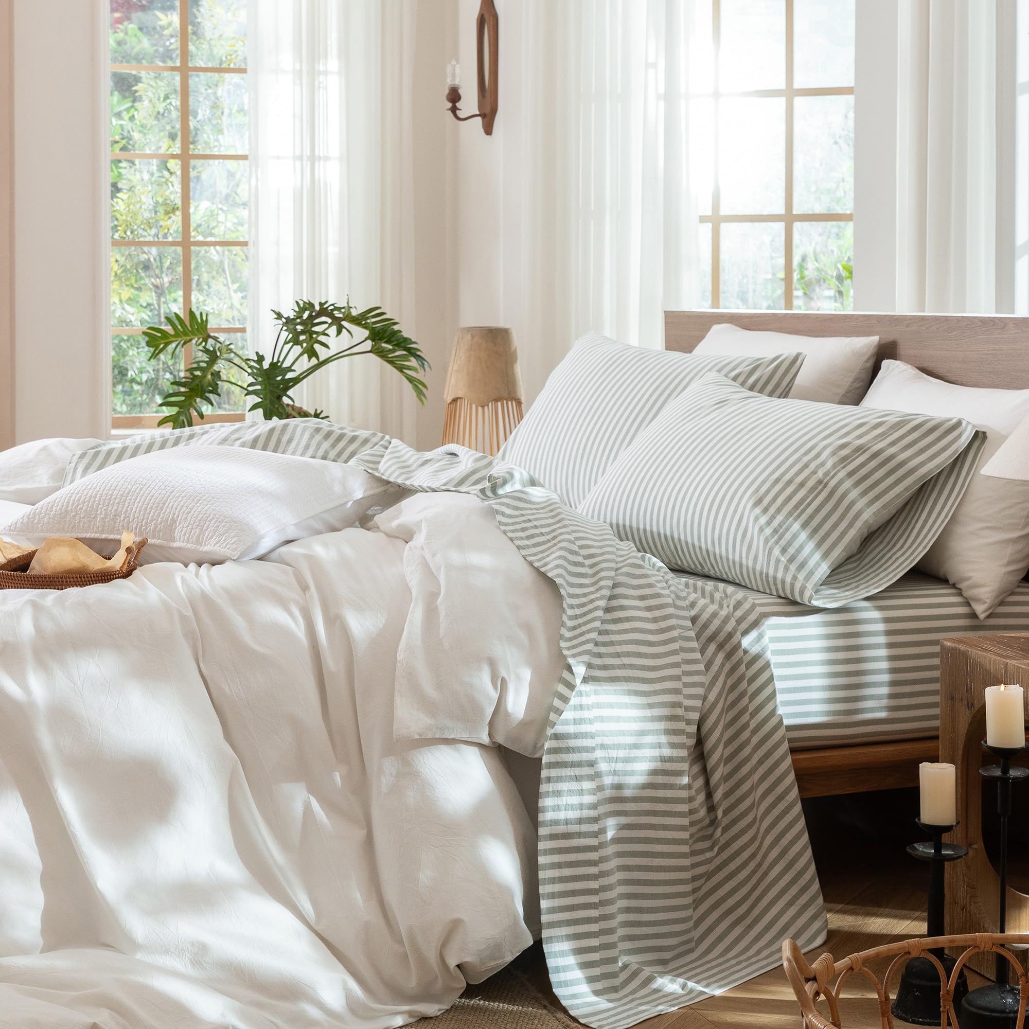 MooMee Bedding Sheet Set 100% Washed Cotton Linen Like Textured Breathable Durable Soft Comfy (Heathered Green, Queen)