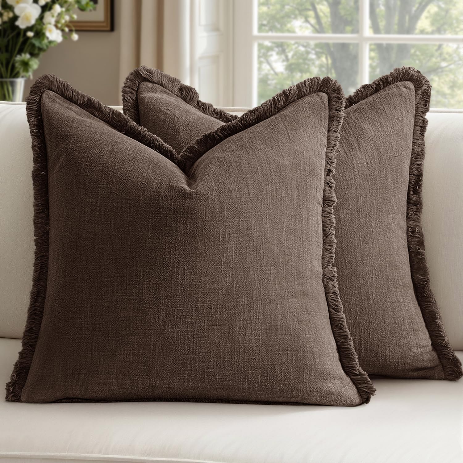 Decorative Linen Fringe Throw Pillow Covers Boho Farmhouse Soft Euro Accent Pillowcases with Tassels for Bed Couch Sofa Living Room Bedroom,24x24 Inch Set of 2,Brown