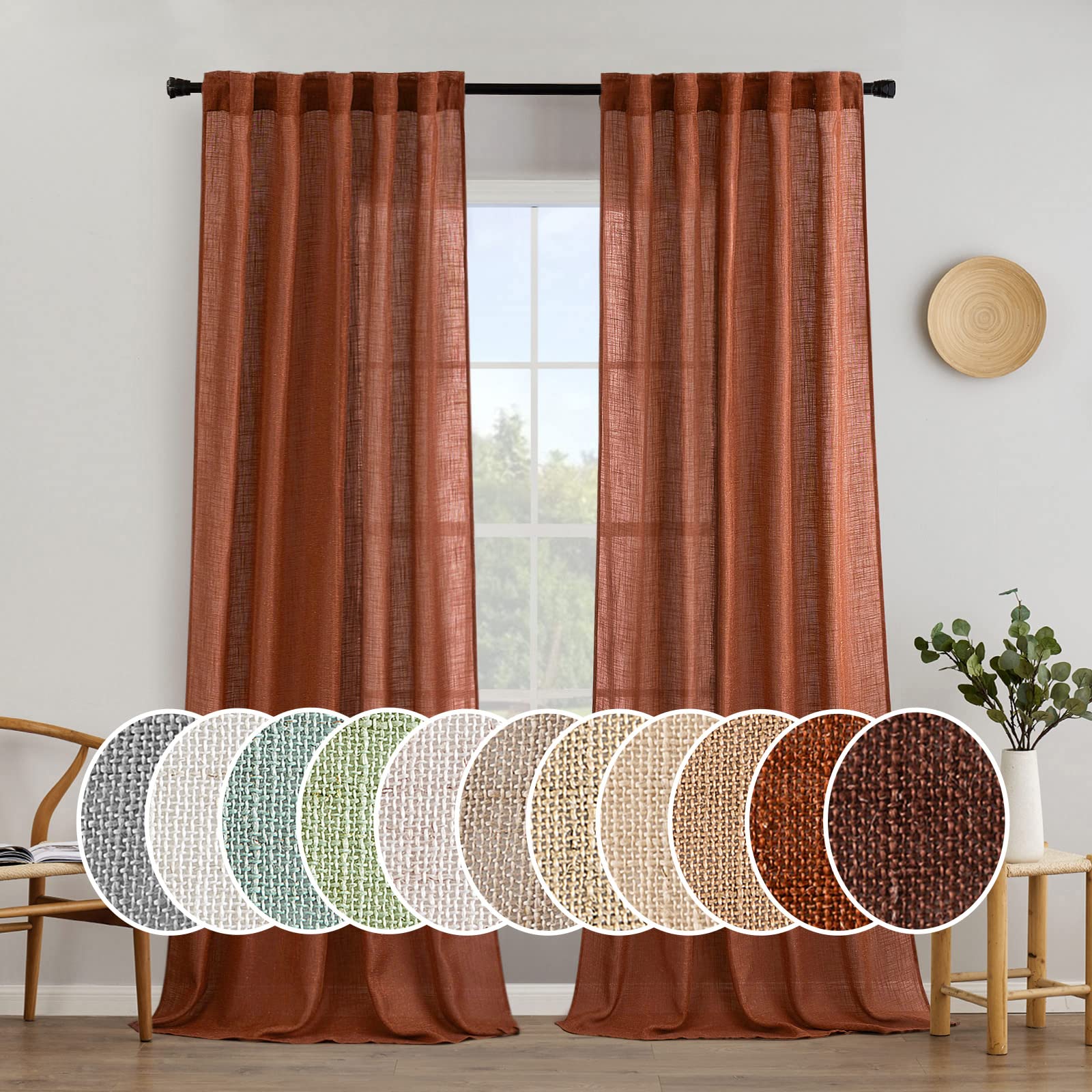 MIULEE Taupe Linen Curtains 84 Inch Length for Bedroom Living Room, Soft Thick Linen Textured Window Drapes Semi Sheer Light Filtering Back Tab Rod Pocket Burlap Look Farmhouse Country Decor, 2 Panels