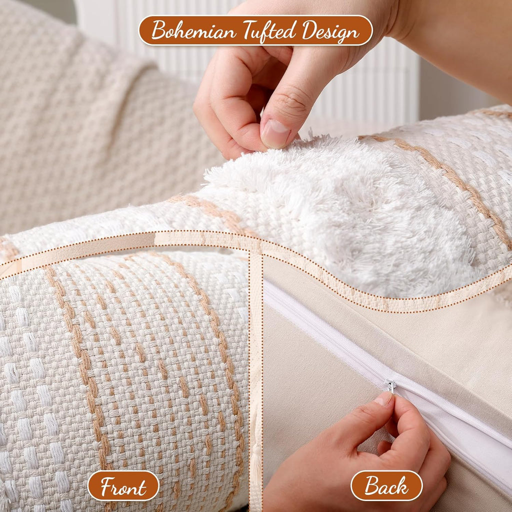 14×36" Beige Tufted Lumbar Pillow Cover with Tassels