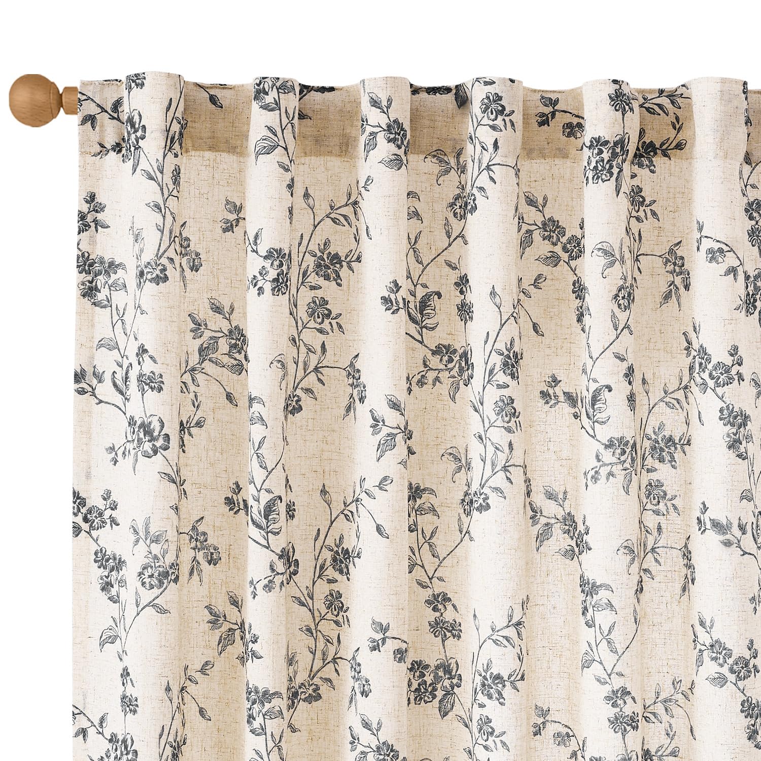 Lazzzy Linen Farmhouse Curtains Green Floral Curtains 63 Inch Length Back Tab Drapes for Living Room Bedroom Light Filtering Country Vintage Rod Pocket Curtain, 2 Panels, Green on Beige