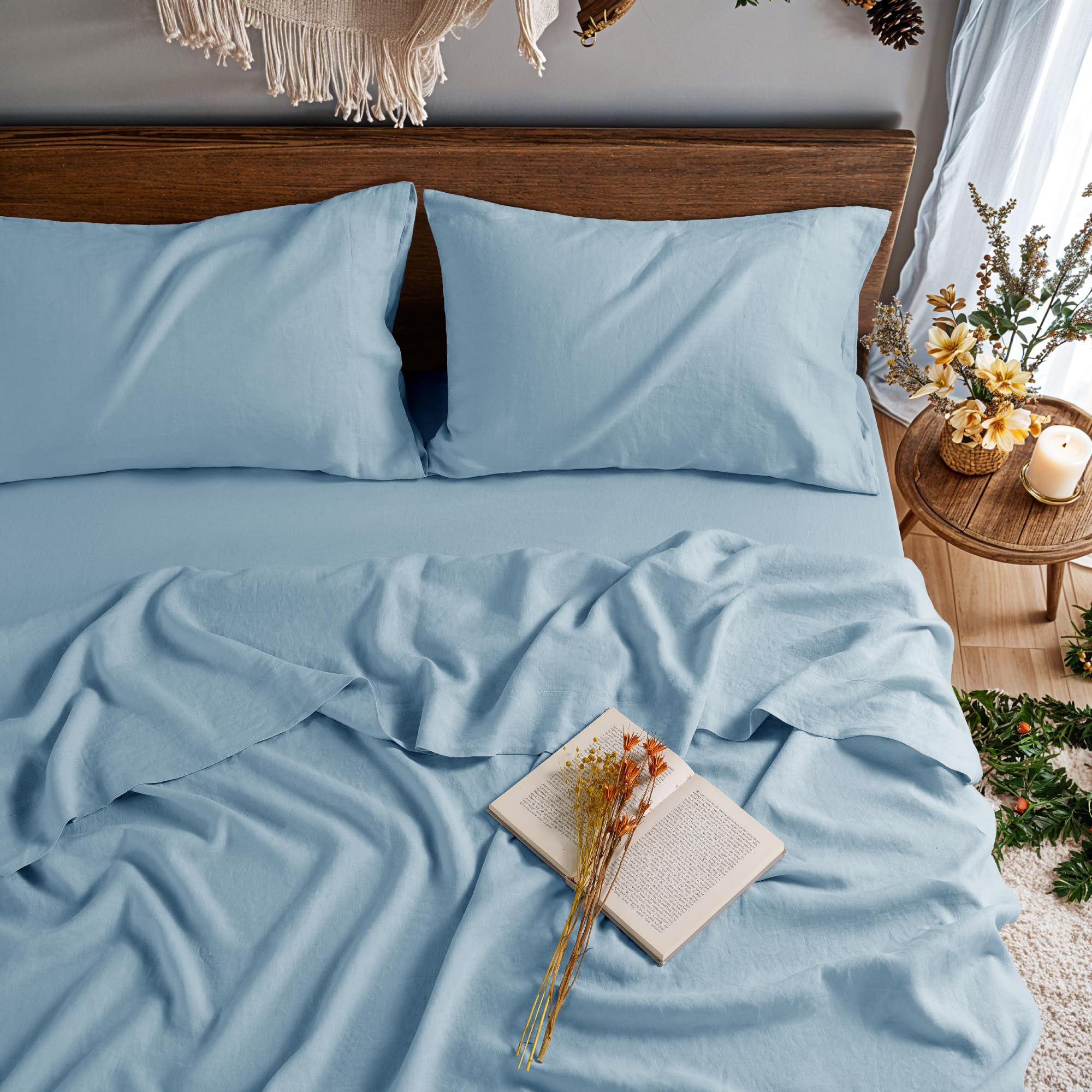 100% Pure Linen Sheet Set for Hot Sleepers, Breathable Natural Linen Sheets 4pcs, Bedding Set Deep Pocket Up to 16" Moisture-Wicking, Softens with Every Wash (Linen Queen)