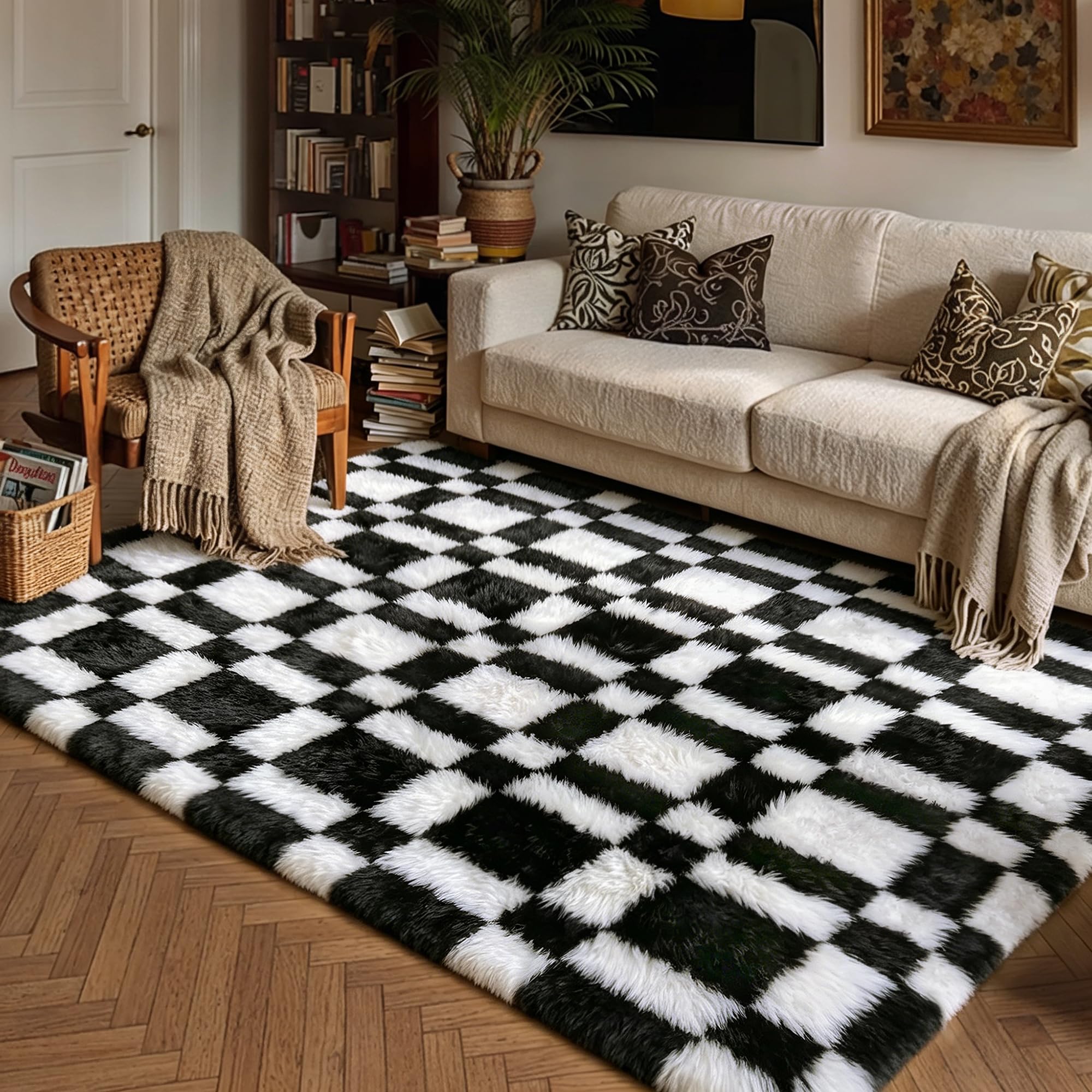 HUGEAR 8x10 Checkered Rug Coloful Living Room Modern Shag Rug Super Soft Washable Indoor Fuzzy Carpet Fluffy Vacuumable Rainbow Area Rugs for Bedroom Home Decor Non Slip