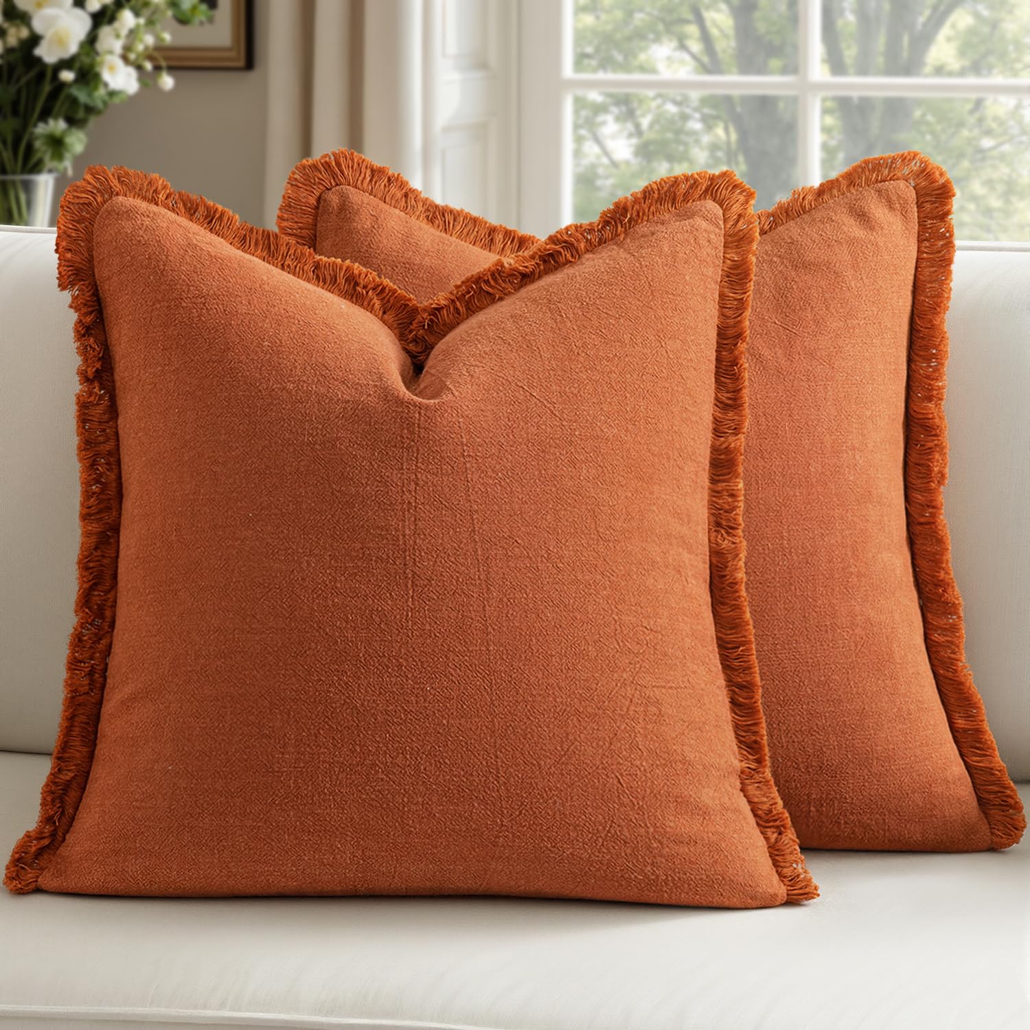 Decorative Linen Fringe Throw Pillow Covers Boho Farmhouse Soft Euro Accent Pillowcases with Tassels for Bed Couch Sofa Living Room Bedroom,24x24 Inch Set of 2,Brown