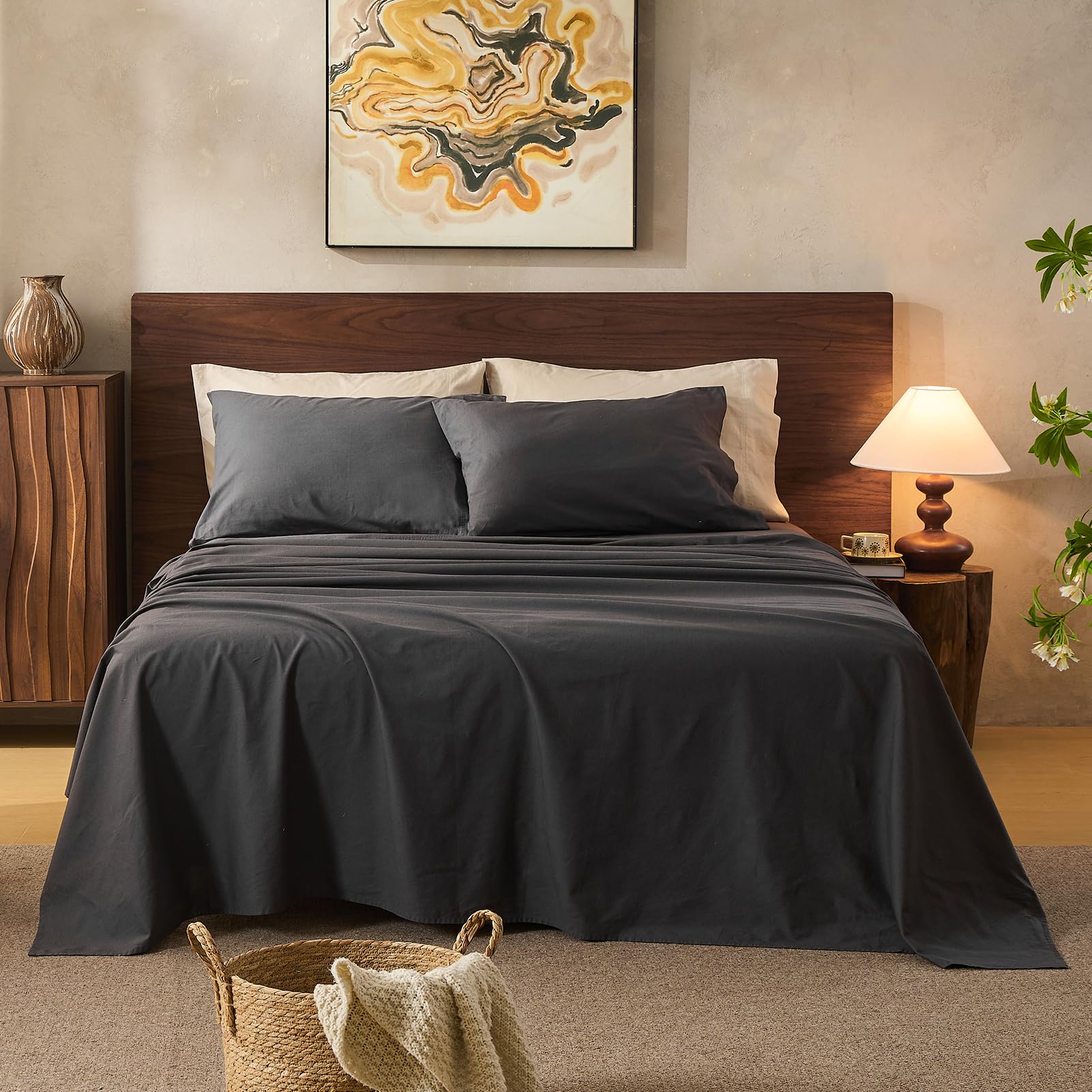 100% Linen Sheets Queen Size,Breathable & Durable 4-Piece Bed Flax Sheet Set,Soft All-Season Bedding for Hot Sleepers 16" Deep Pocket Oeko-TEX Certified,（Queen, Grey）